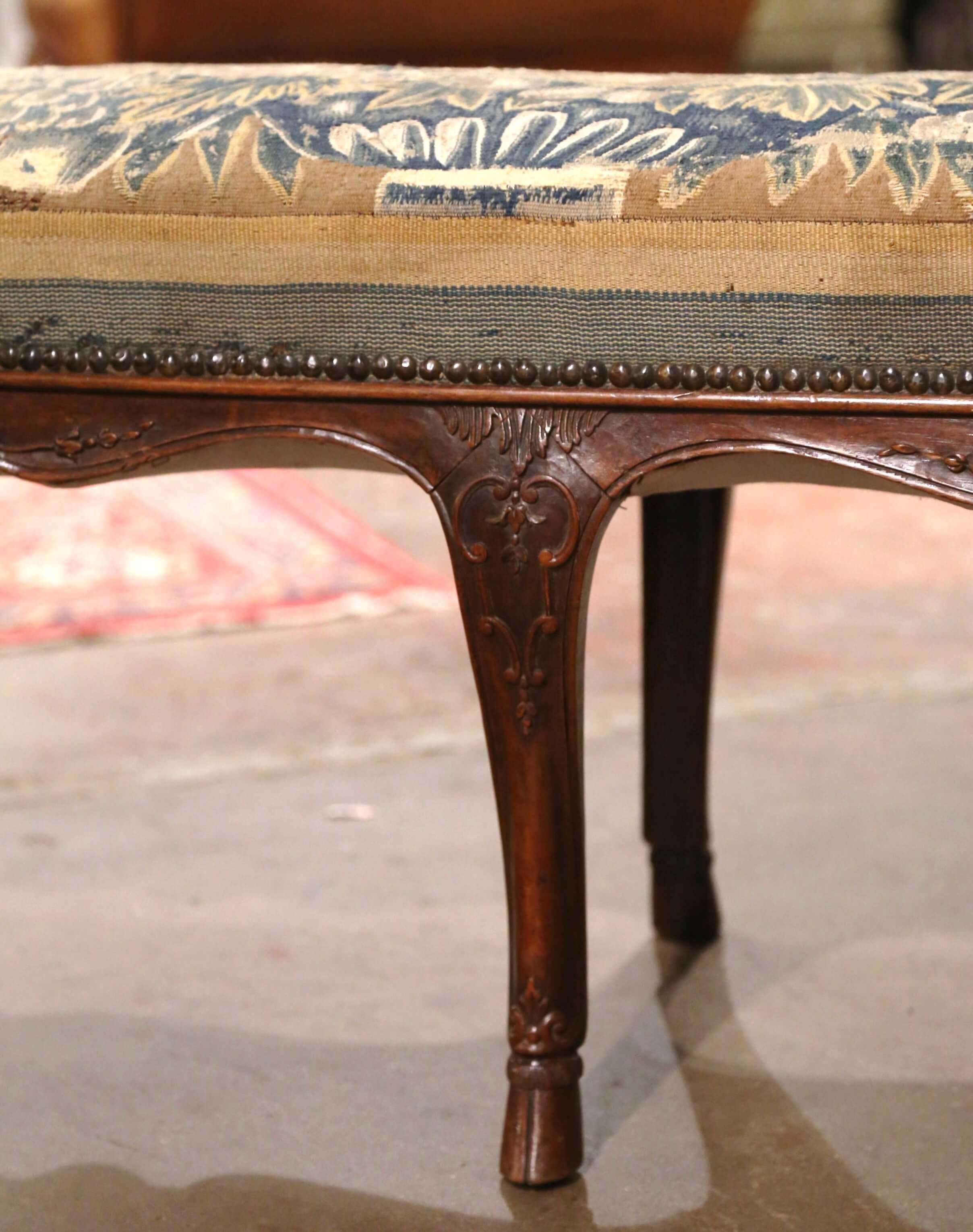 18th Century French Louis XV Carved Walnut Six-Leg Bench with Aubusson Tapestry 6