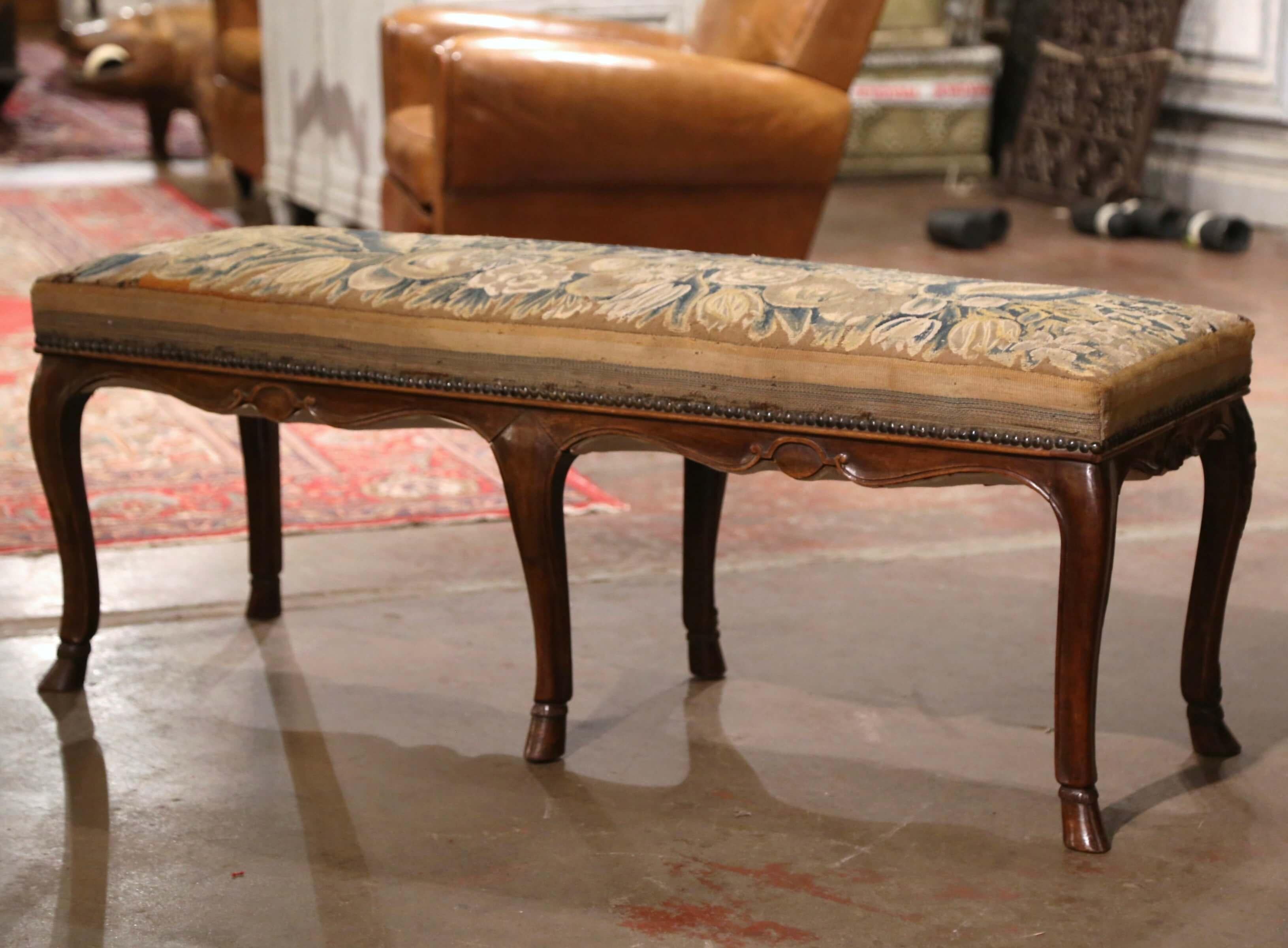 18th Century French Louis XV Carved Walnut Six-Leg Bench with Aubusson Tapestry 7