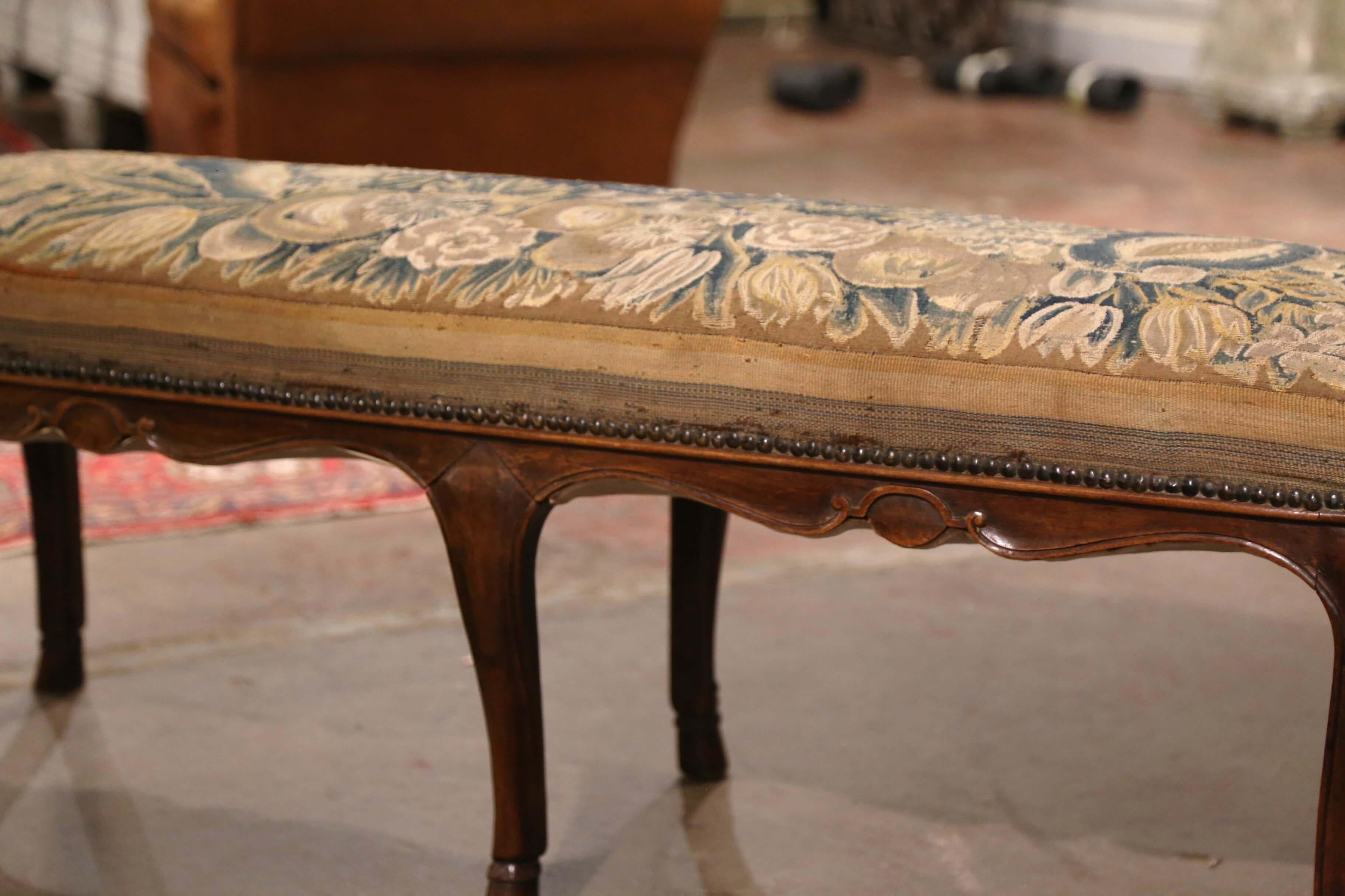 18th Century French Louis XV Carved Walnut Six-Leg Bench with Aubusson Tapestry 8