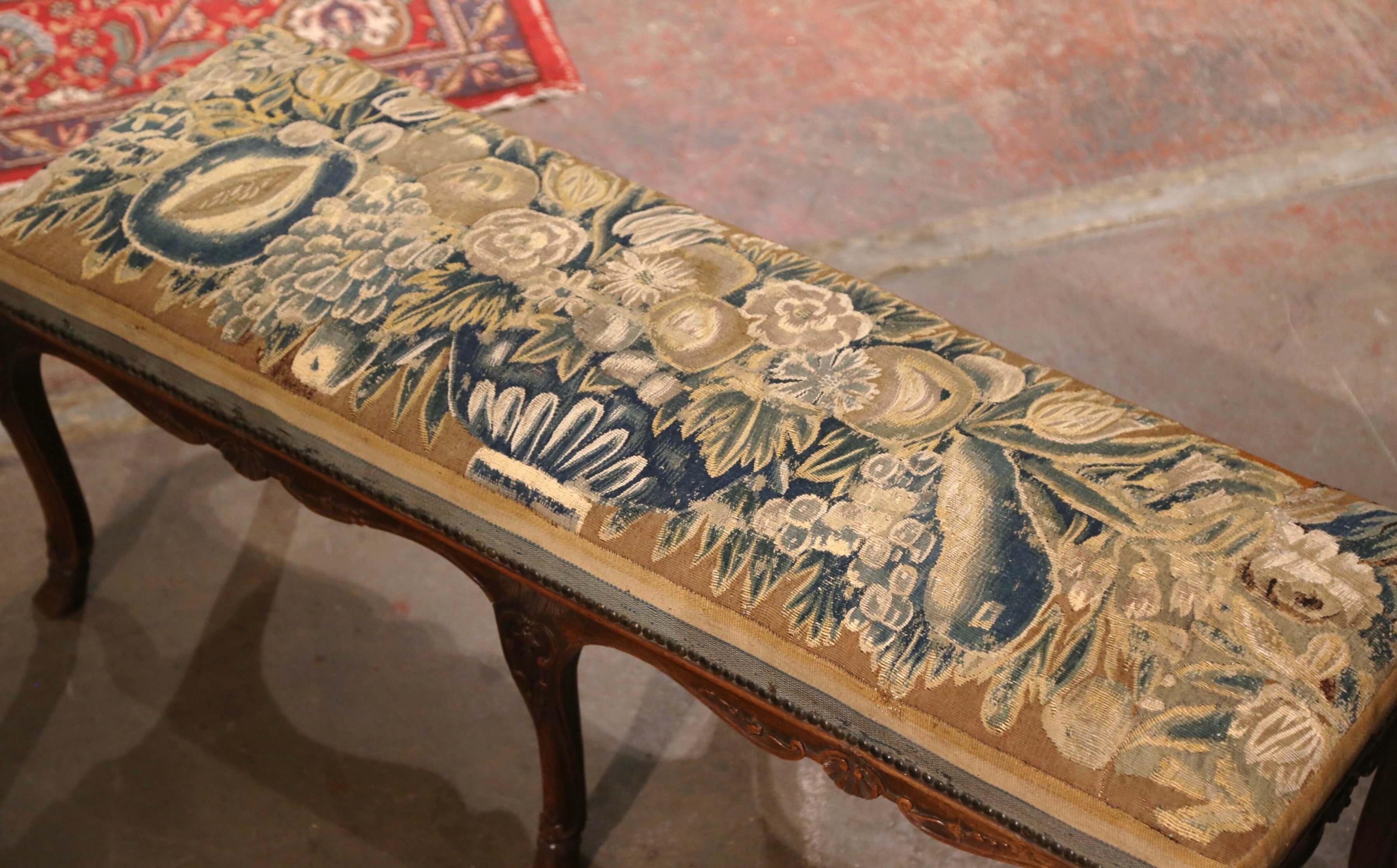 Hand-Carved 18th Century French Louis XV Carved Walnut Six-Leg Bench with Aubusson Tapestry