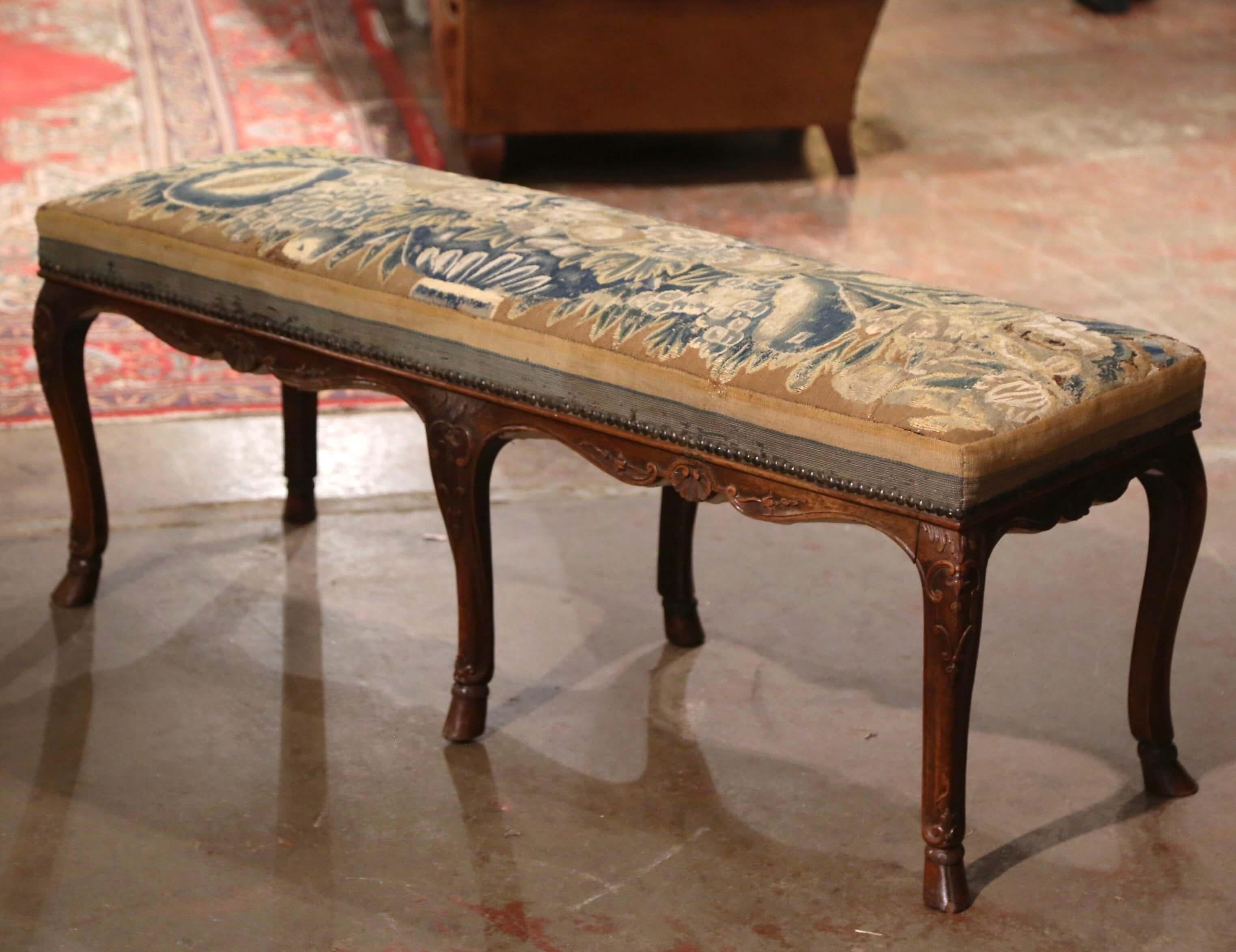 18th Century French Louis XV Carved Walnut Six-Leg Bench with Aubusson Tapestry 1