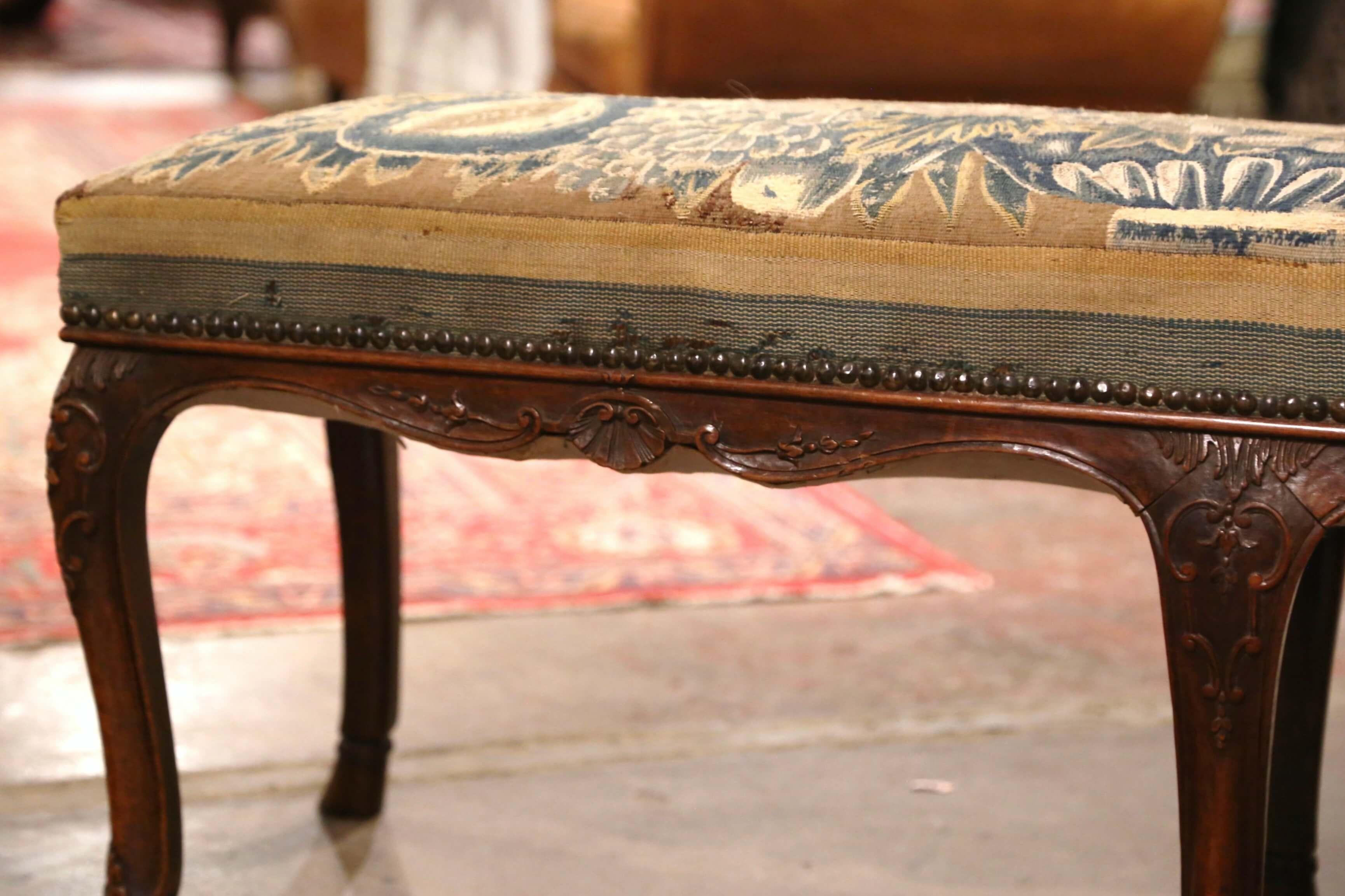 18th Century French Louis XV Carved Walnut Six-Leg Bench with Aubusson Tapestry 3