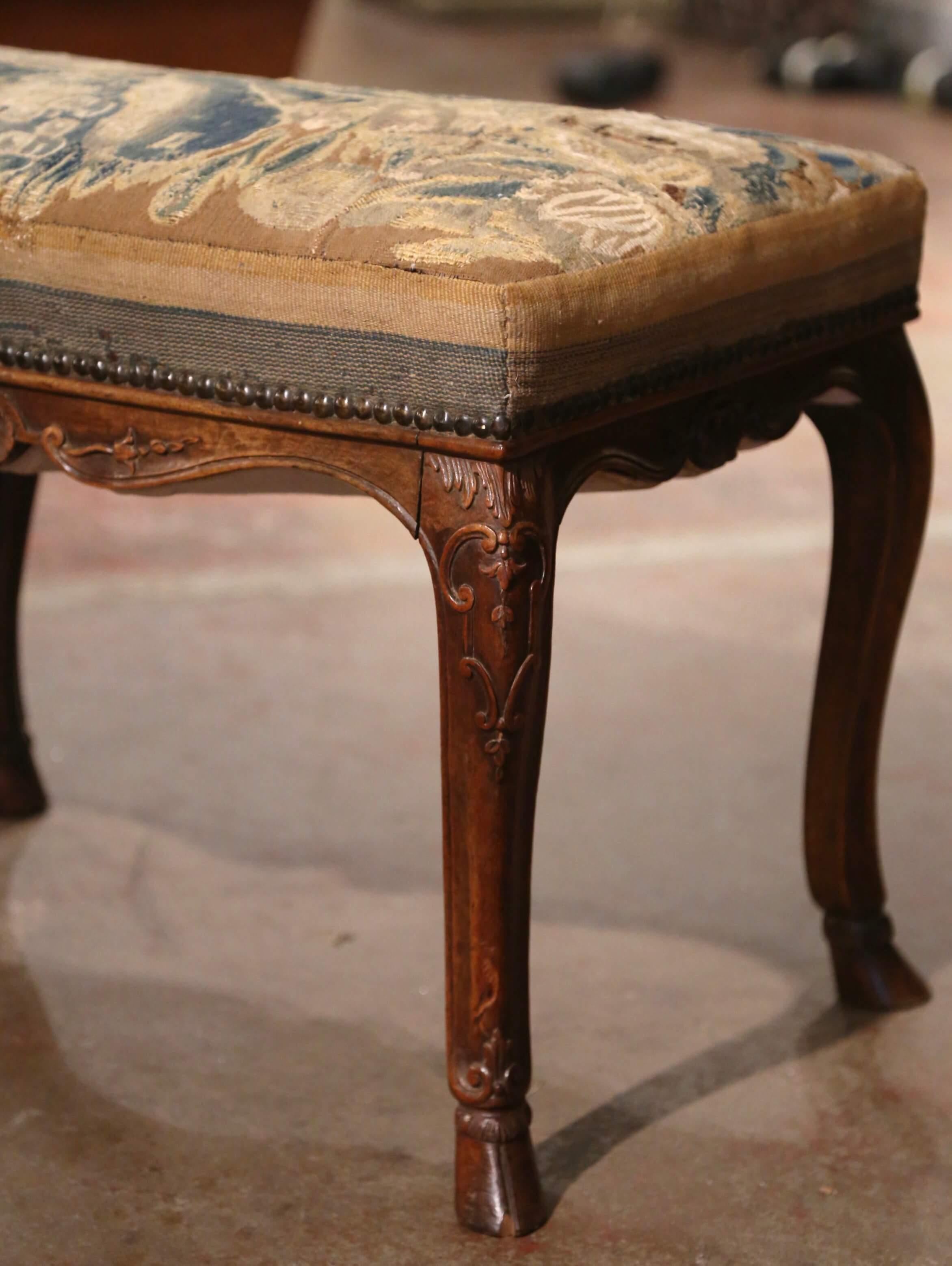 18th Century French Louis XV Carved Walnut Six-Leg Bench with Aubusson Tapestry 4