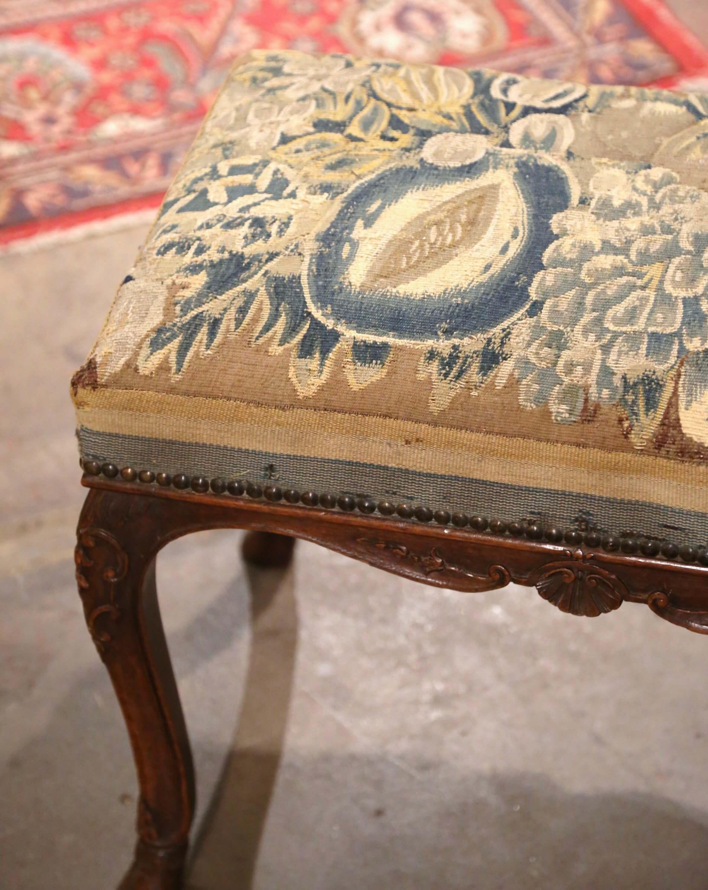 18th Century French Louis XV Carved Walnut Six-Leg Bench with Aubusson Tapestry 5