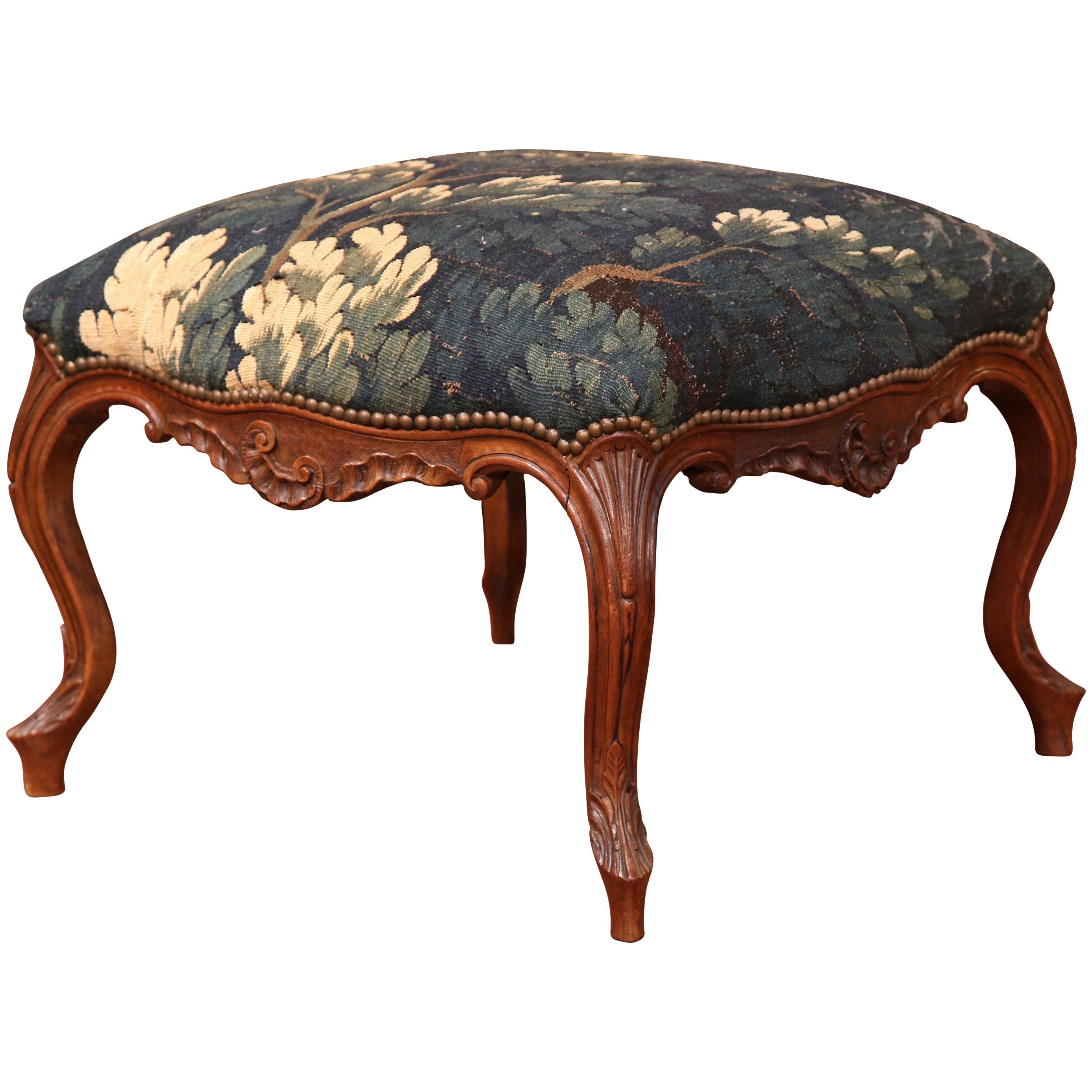 18th Century, French Louis XV Carved Walnut Stool with Aubusson Tapestry