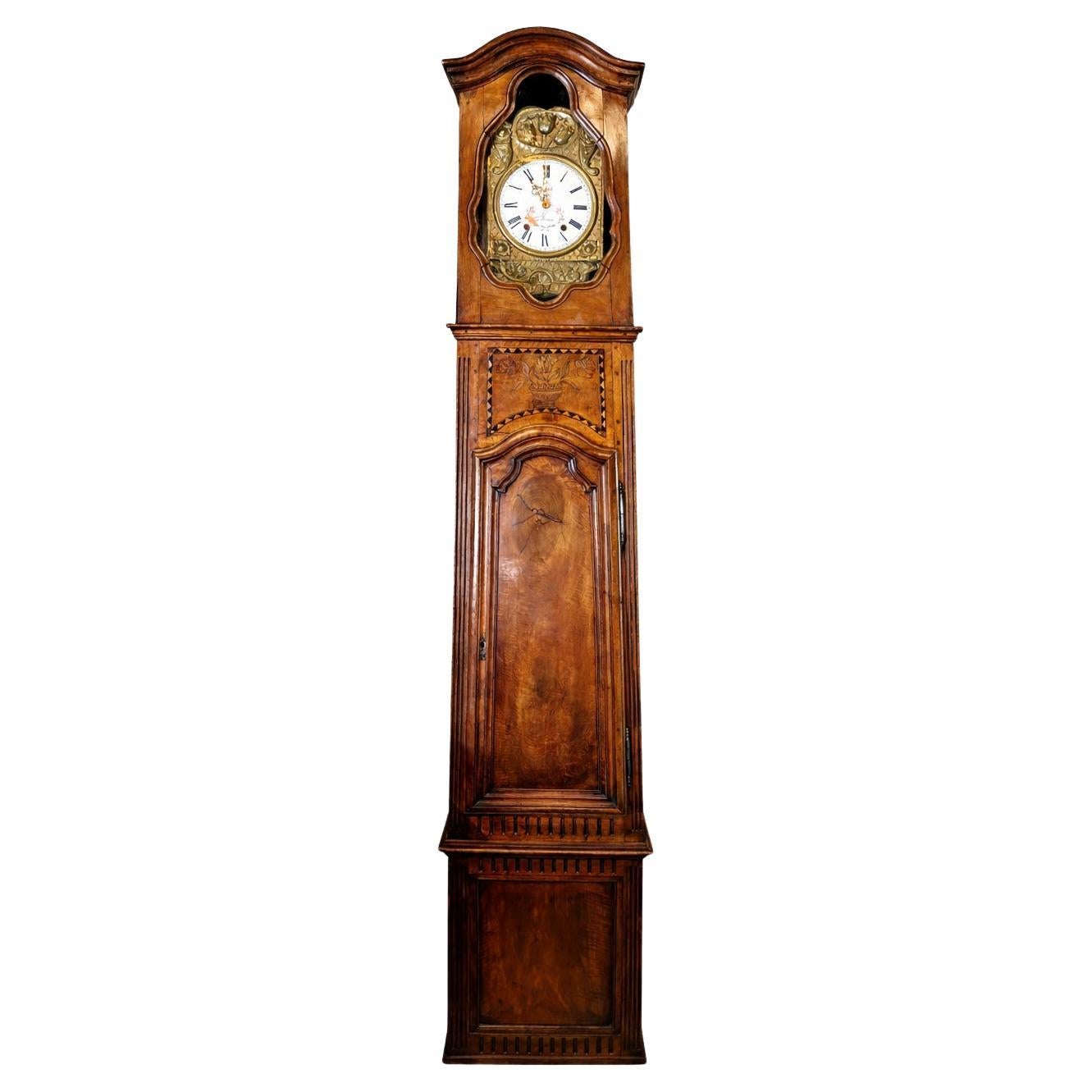 18th Century French Louis XV Carved Walnut Tall Case Clock