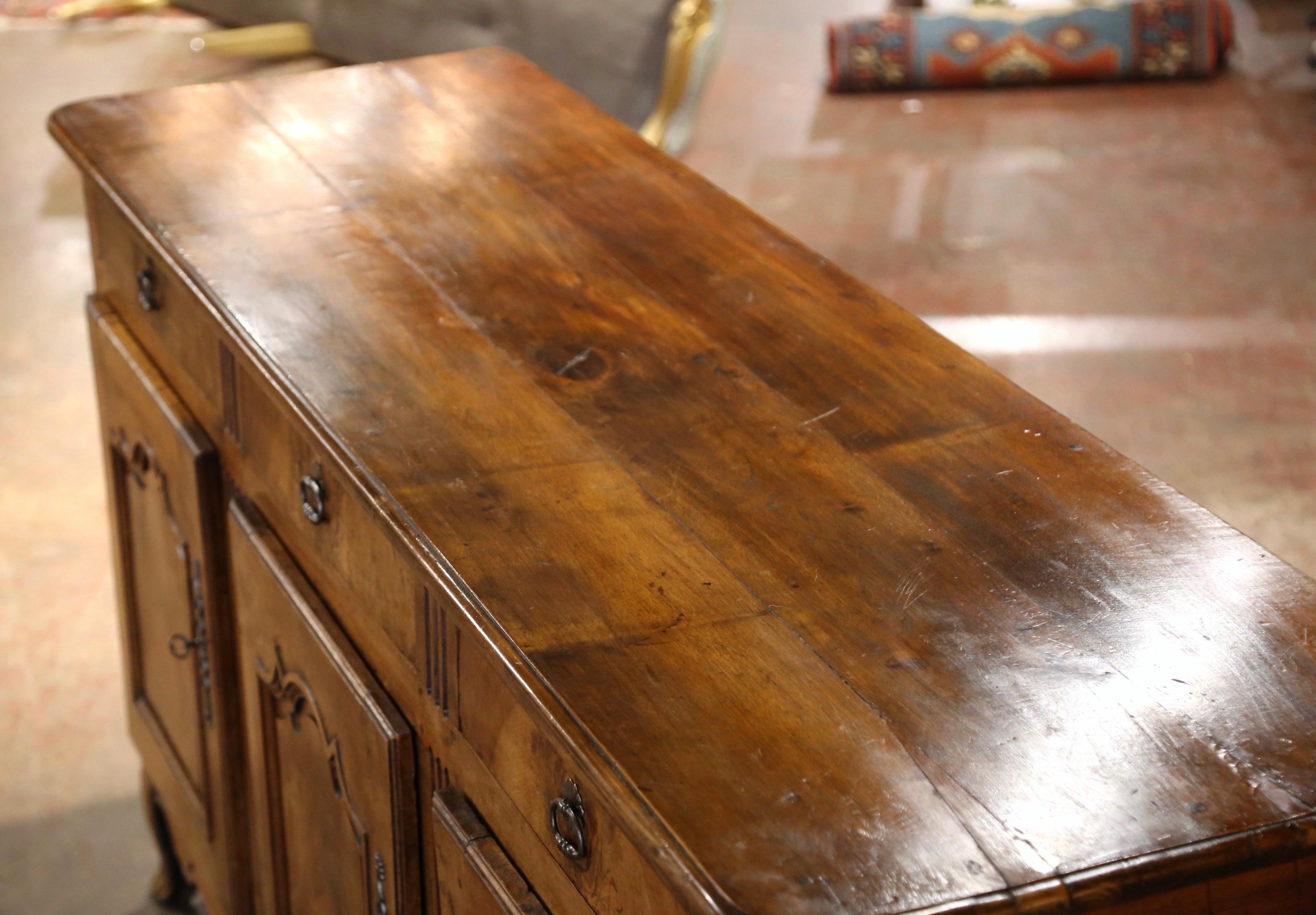 18th Century French Louis XV Carved Walnut Three-Door Buffet from Burgundy In Excellent Condition In Dallas, TX