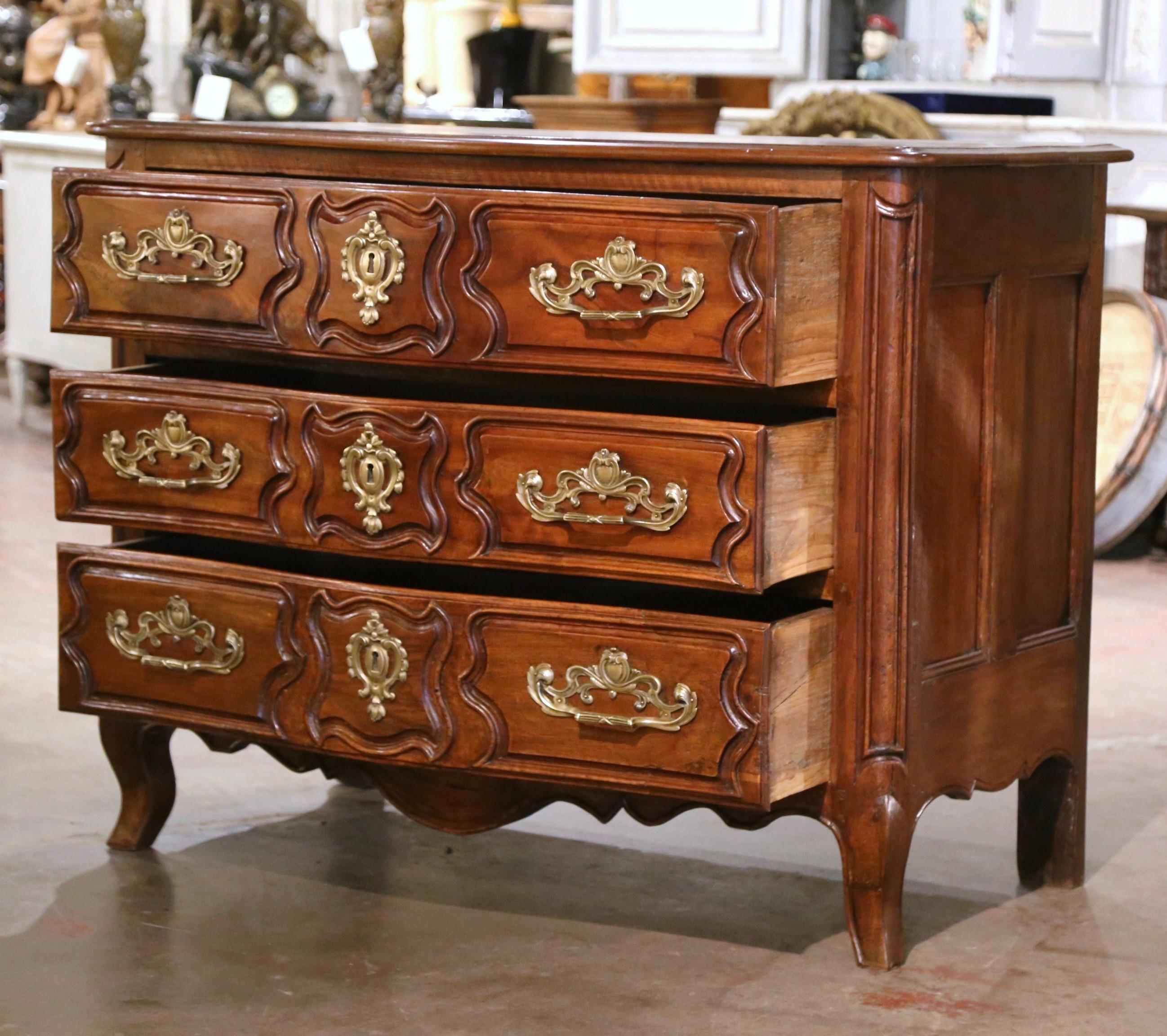 18th Century French Louis XV Carved Walnut Three-Drawer Commode Chest from Lyon For Sale 6