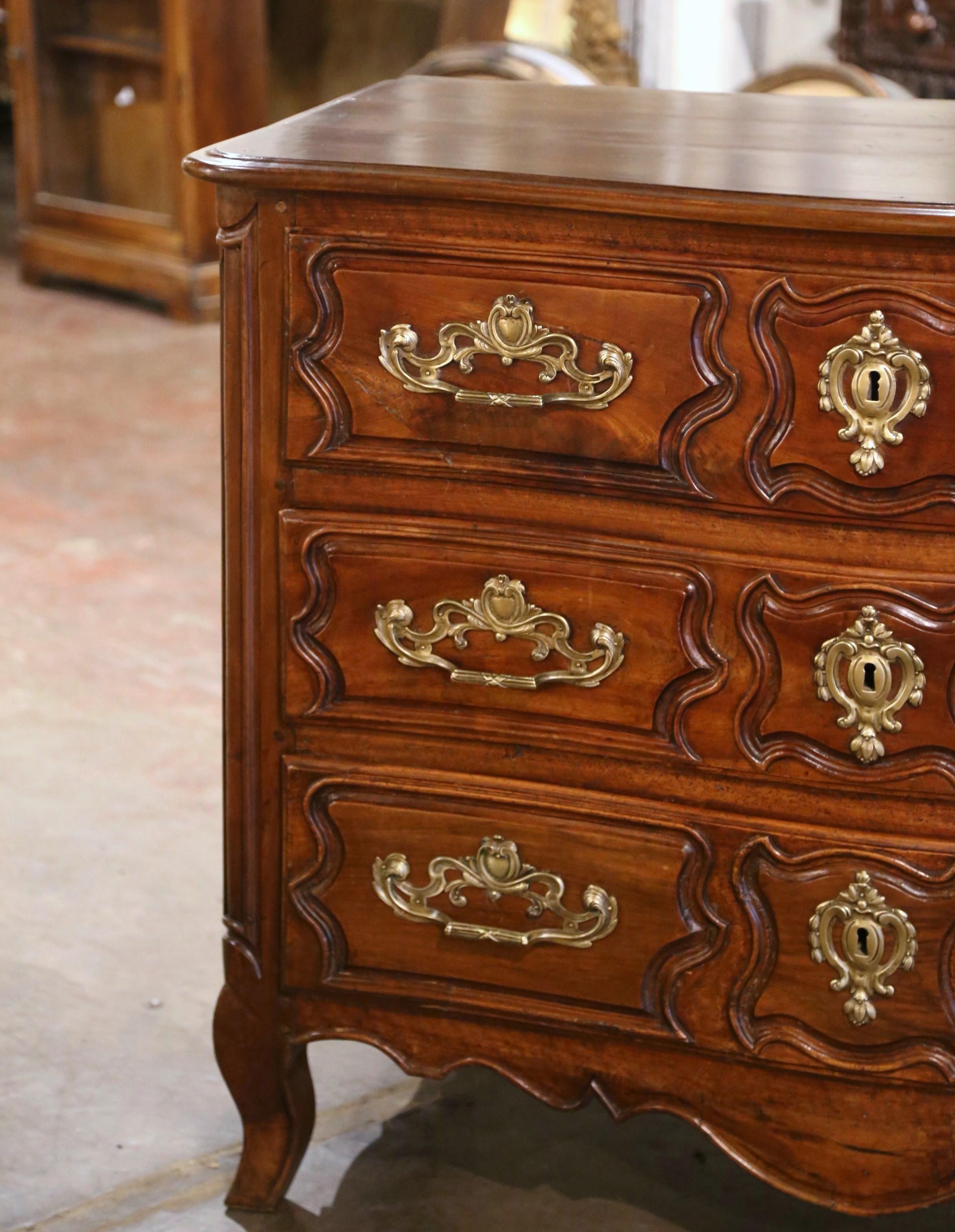 Hand-Carved 18th Century French Louis XV Carved Walnut Three-Drawer Commode Chest from Lyon For Sale