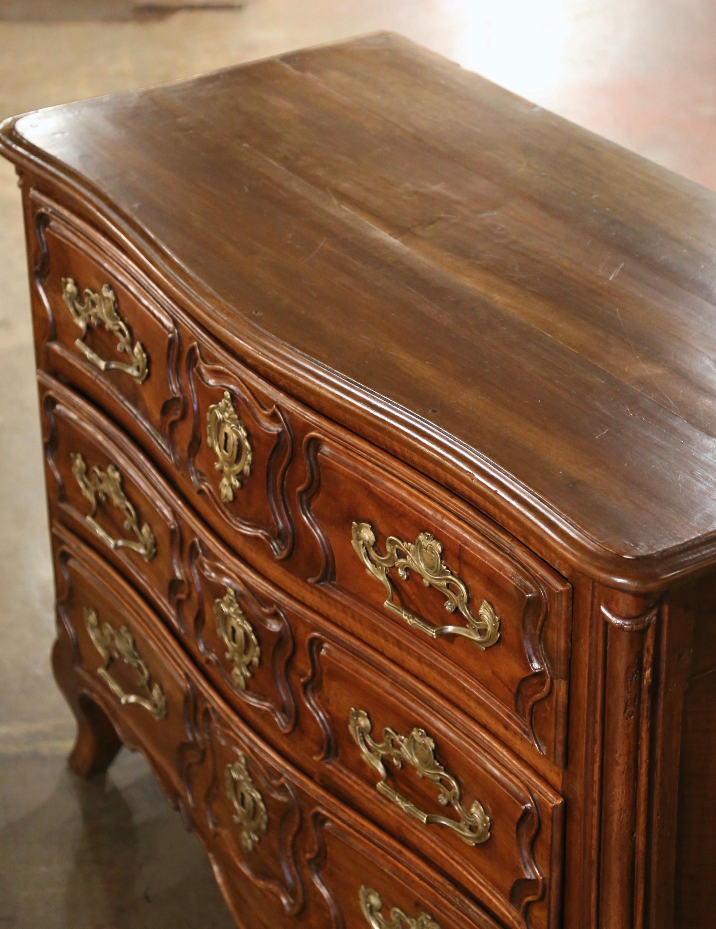 Bronze 18th Century French Louis XV Carved Walnut Three-Drawer Commode Chest from Lyon For Sale