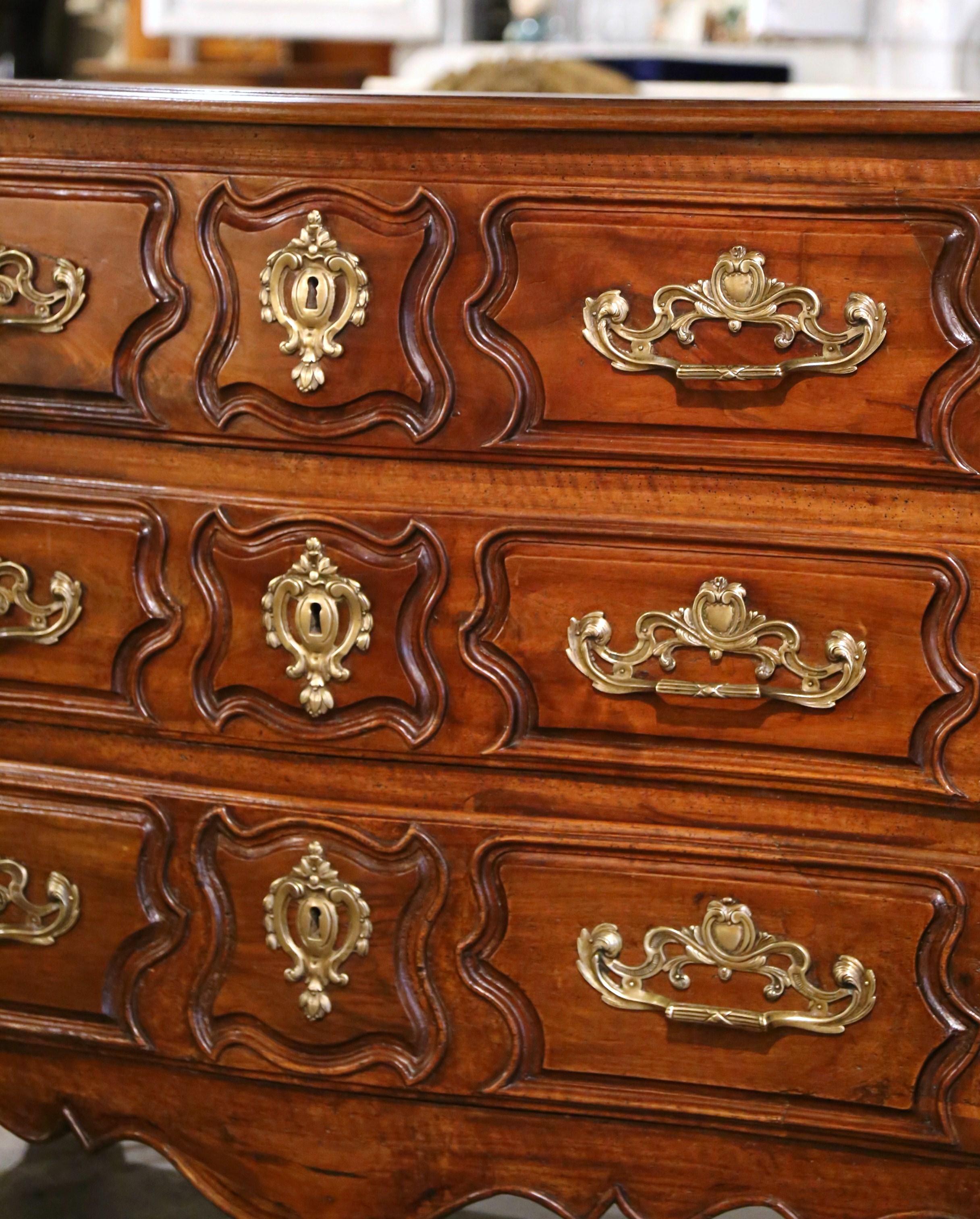18th Century French Louis XV Carved Walnut Three-Drawer Commode Chest from Lyon For Sale 2