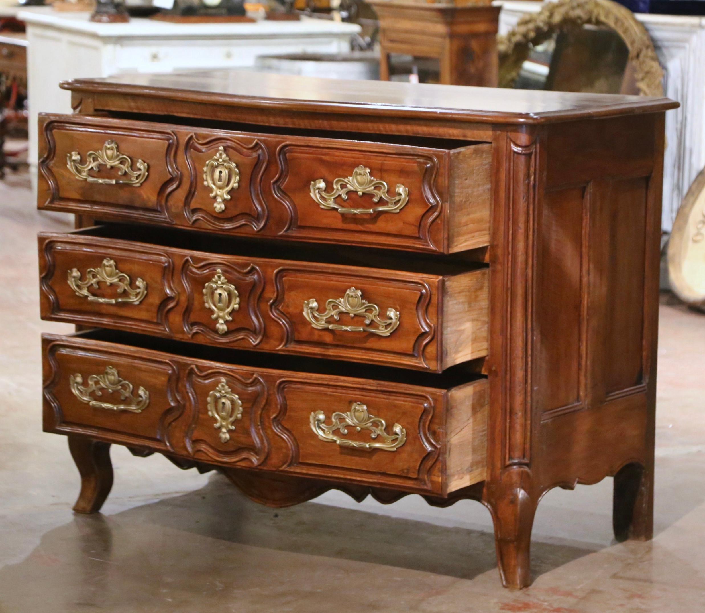18th Century French Louis XV Carved Walnut Three-Drawer Commode Chest from Lyon For Sale 4