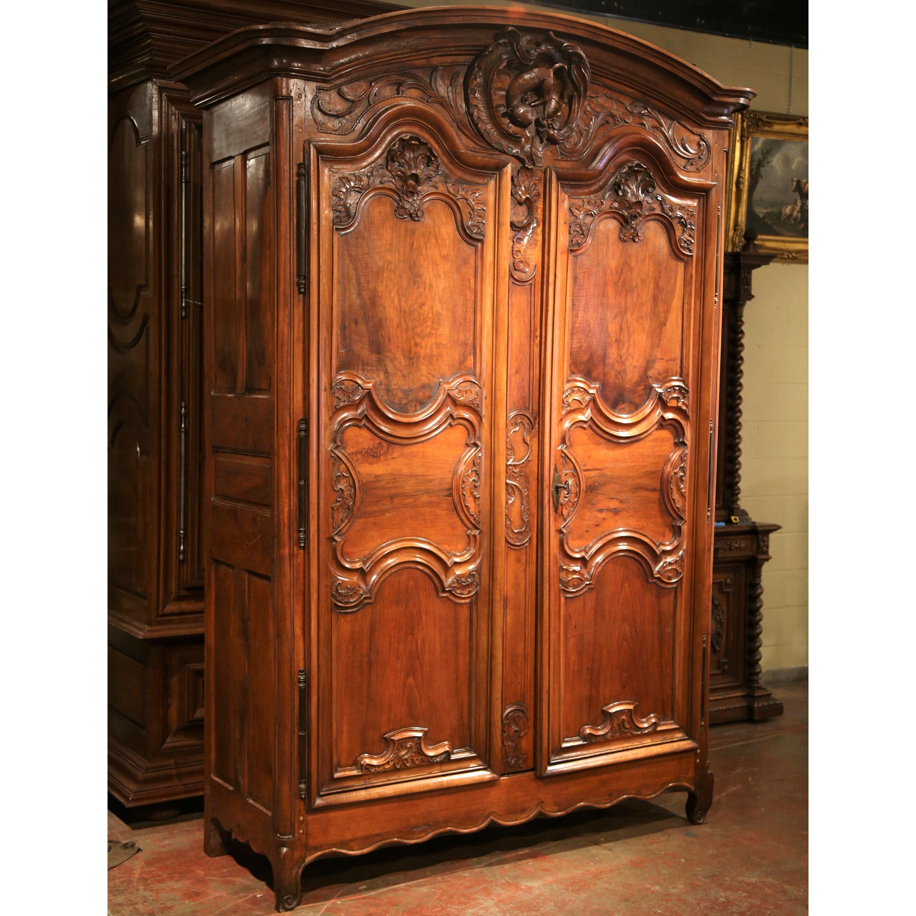 Hand-Carved 18th Century French Louis XV Carved Walnut Two-Door Armoire from Lyon