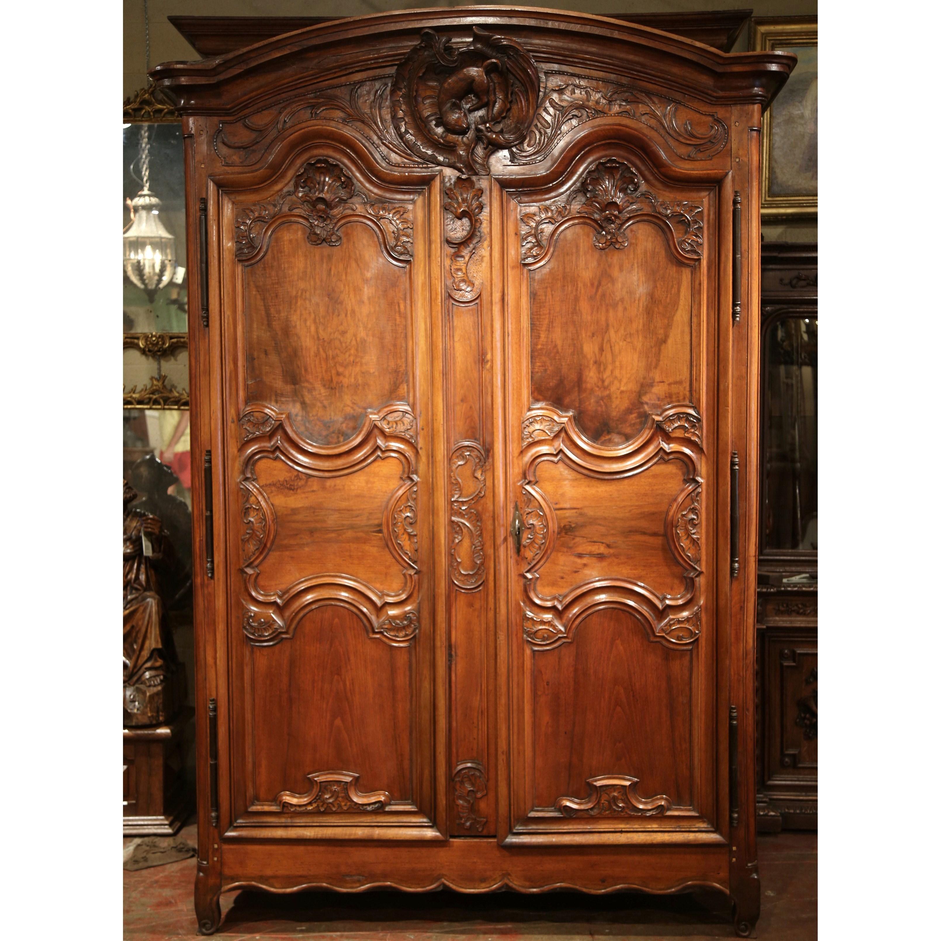 18th Century French Louis XV Carved Walnut Two-Door Armoire from Lyon In Excellent Condition In Dallas, TX