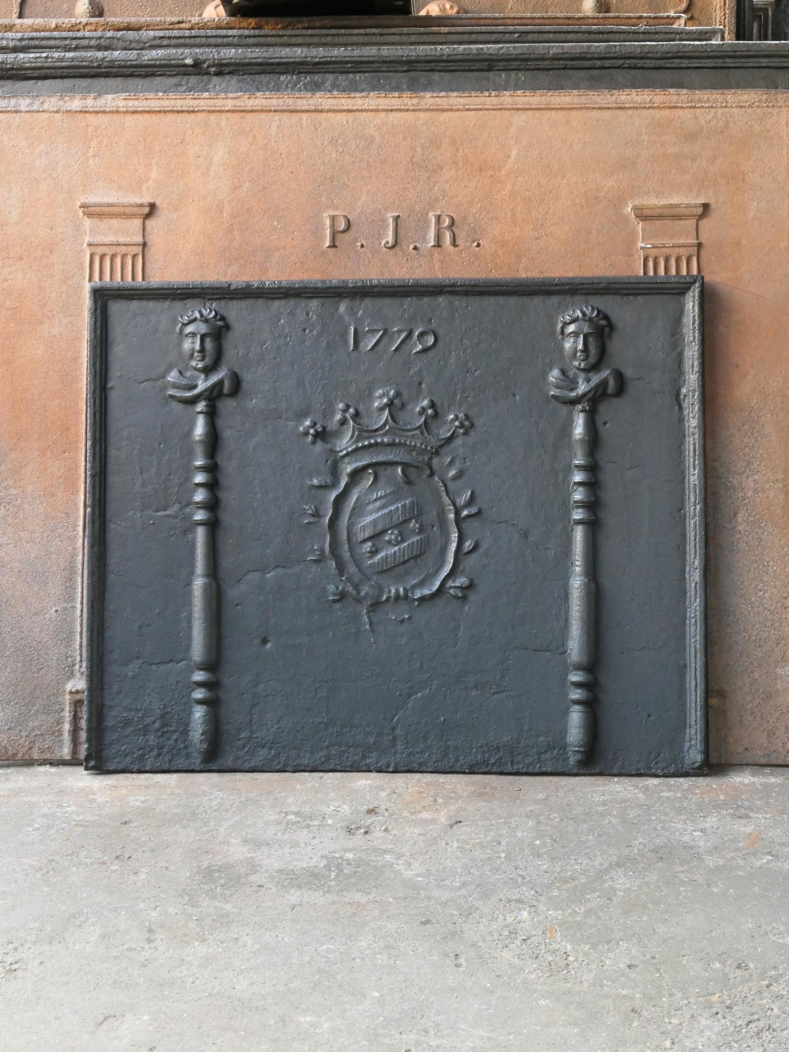 Cast 18th Century French Louis XV 'Coat of Arms' Fireback / Backsplash, Dated 1779 For Sale