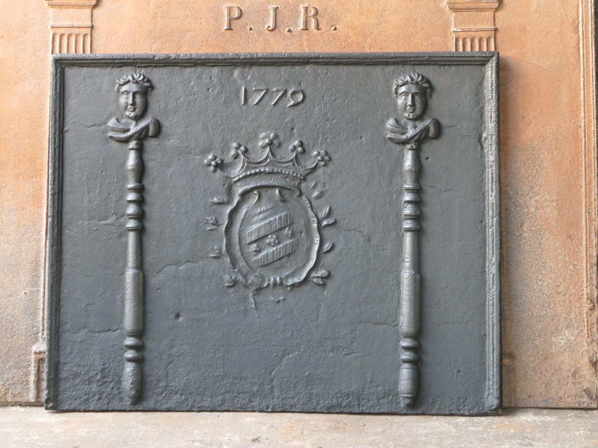 Iron 18th Century French Louis XV 'Coat of Arms' Fireback / Backsplash, Dated 1779 For Sale