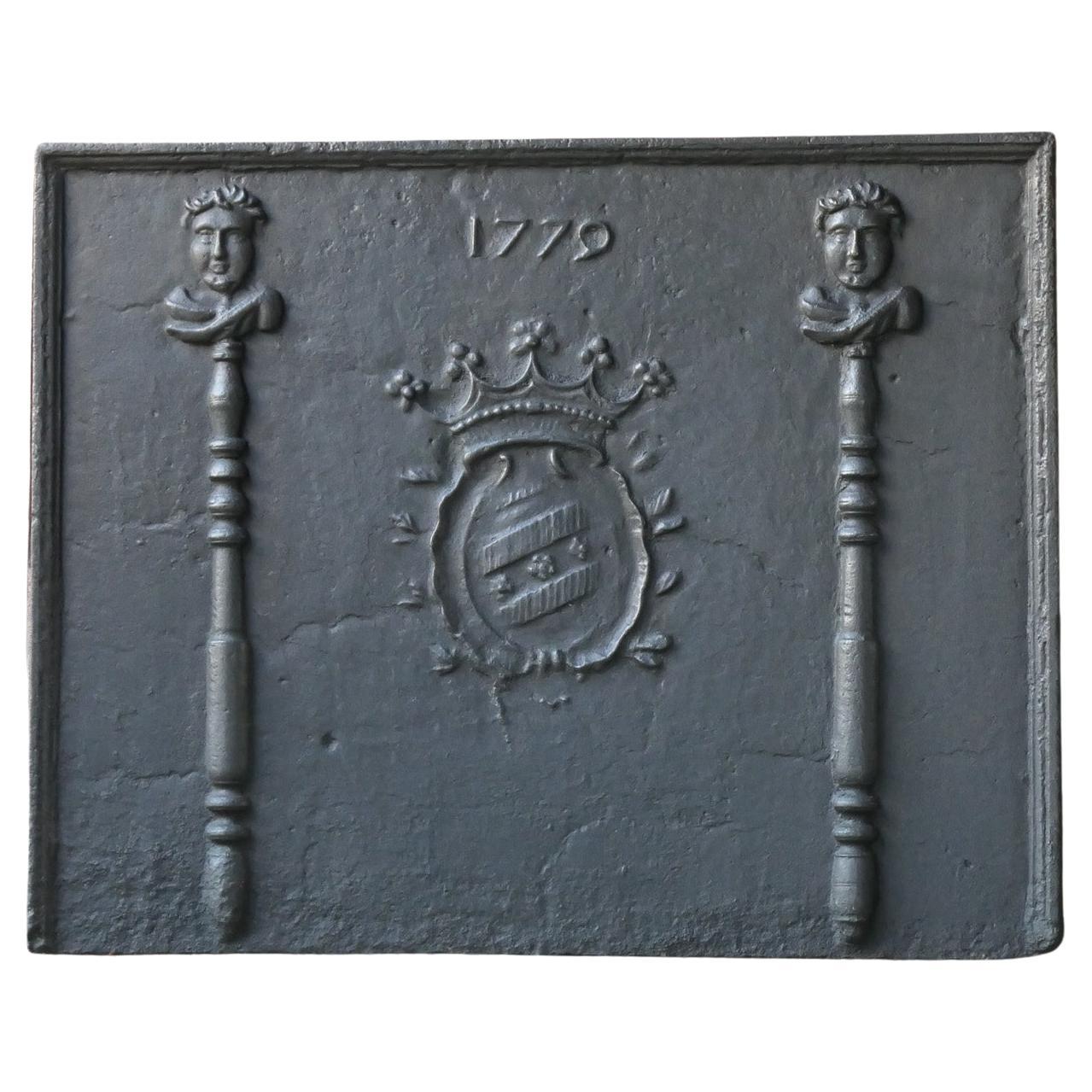 18th Century French Louis XV 'Coat of Arms' Fireback / Backsplash, Dated 1779 For Sale