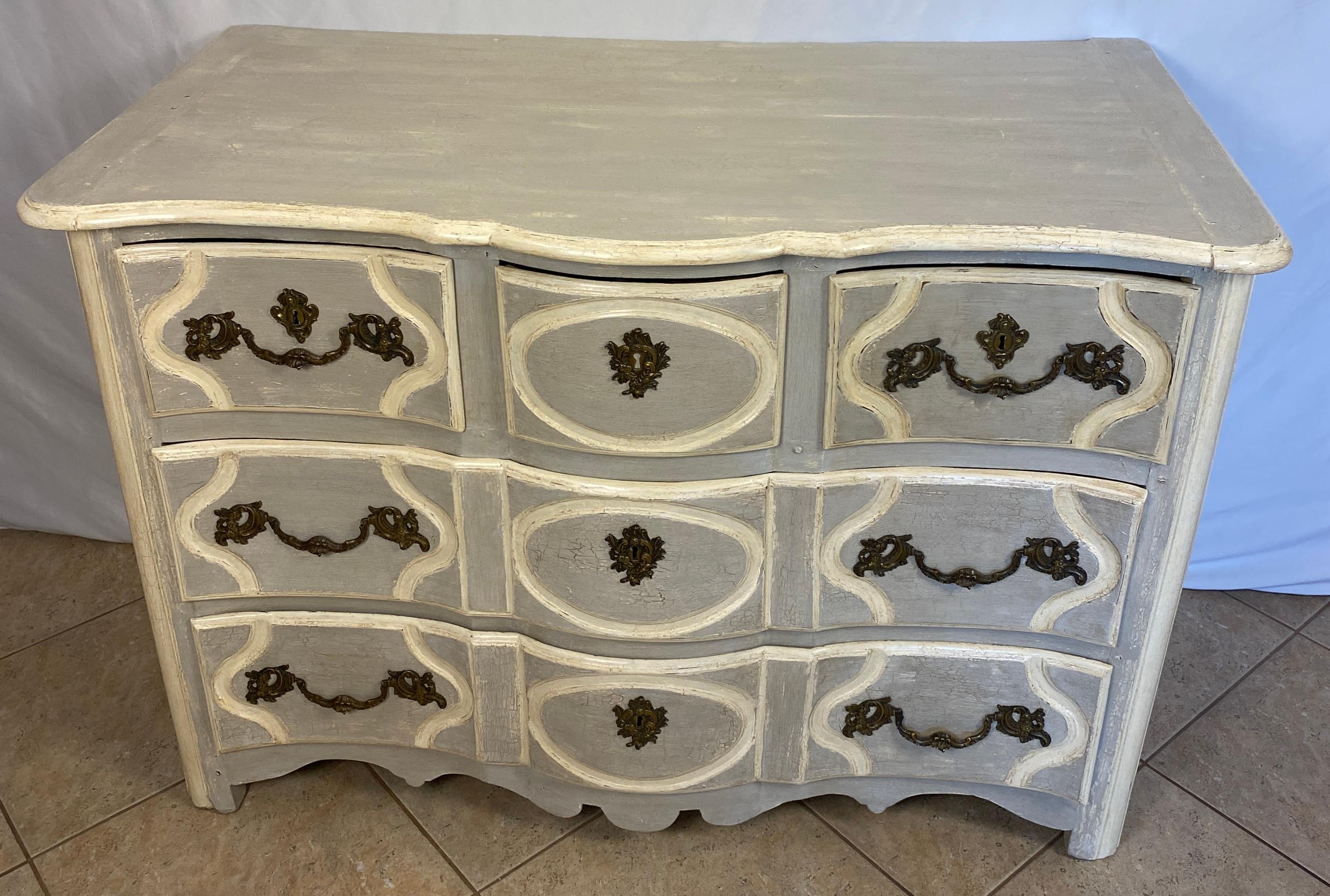 Hand-Crafted 18th Century French Louis XV Commode Gable Painted Blue  For Sale