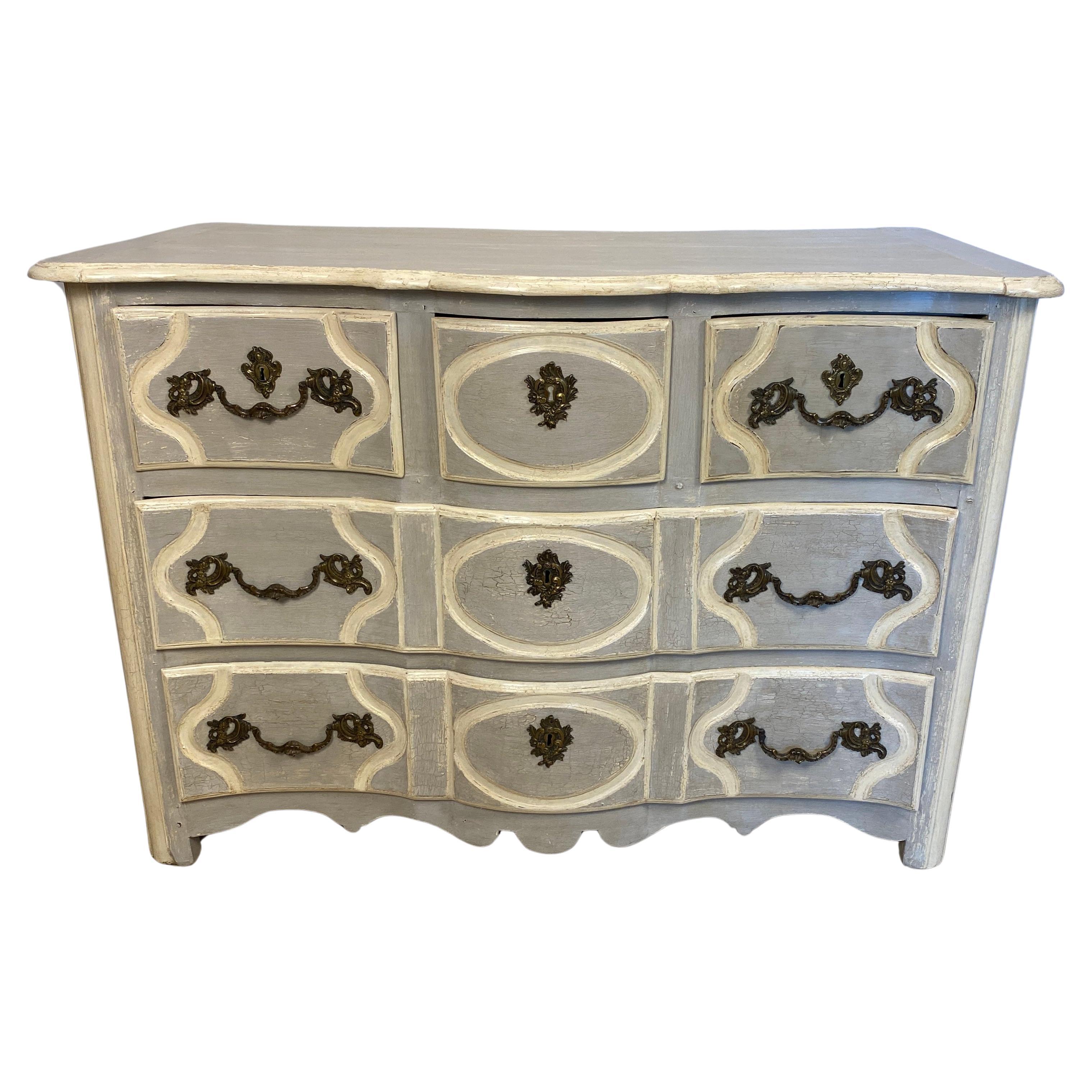 18th Century French Louis XV Commode Gable Painted Blue  For Sale