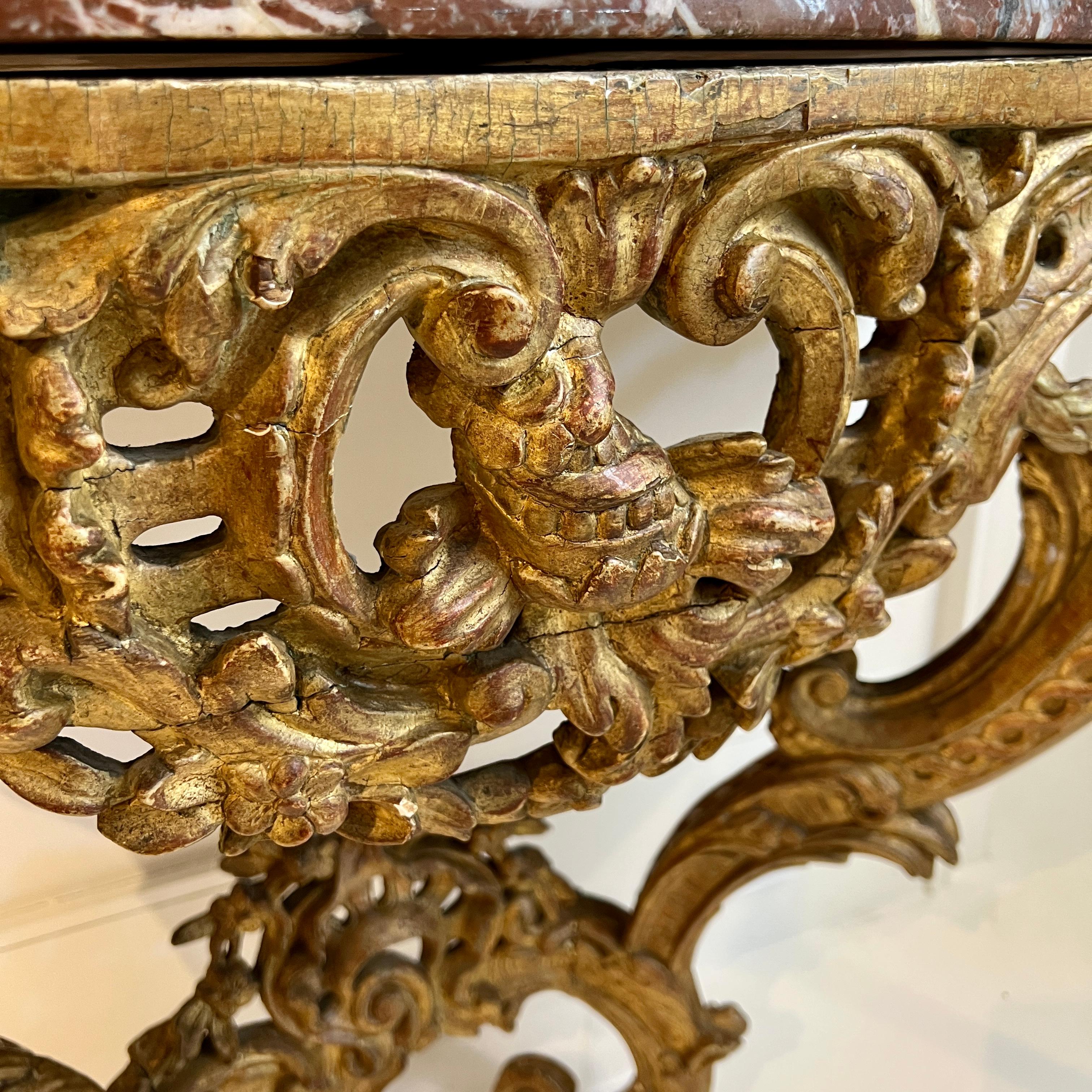 Gilt 18th Century French Louis XV Console with Conforming Marble Top For Sale