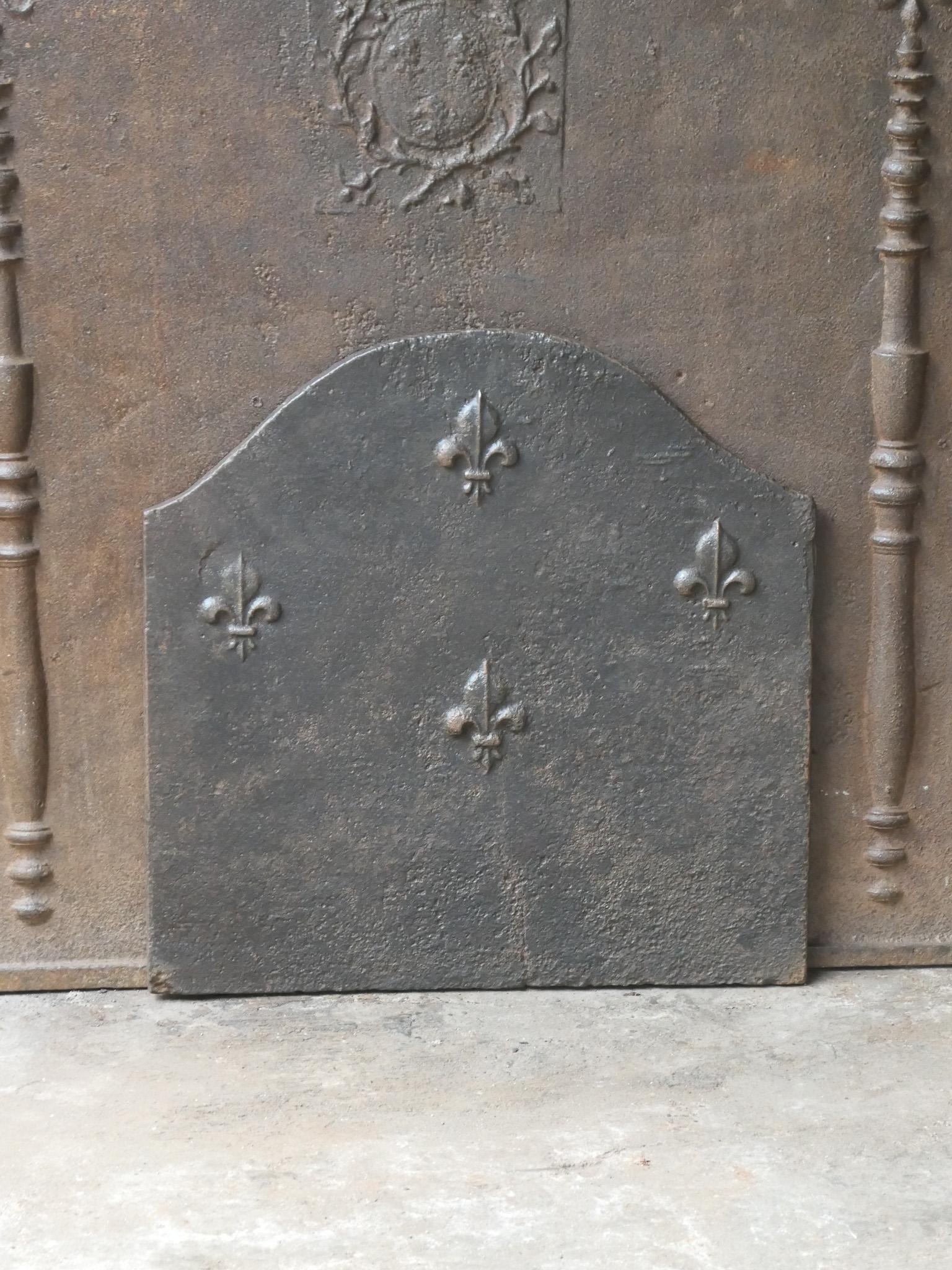 Caminetto francese del XVIII secolo di epoca Luigi XV con quattro Fleurs de Lys. Il Fleur de Lys (giglio francese) simboleggiava la purezza e l'aristocrazia in tutta Europa. 

Lo schienale del camino presenta una patina marrone naturale. Su