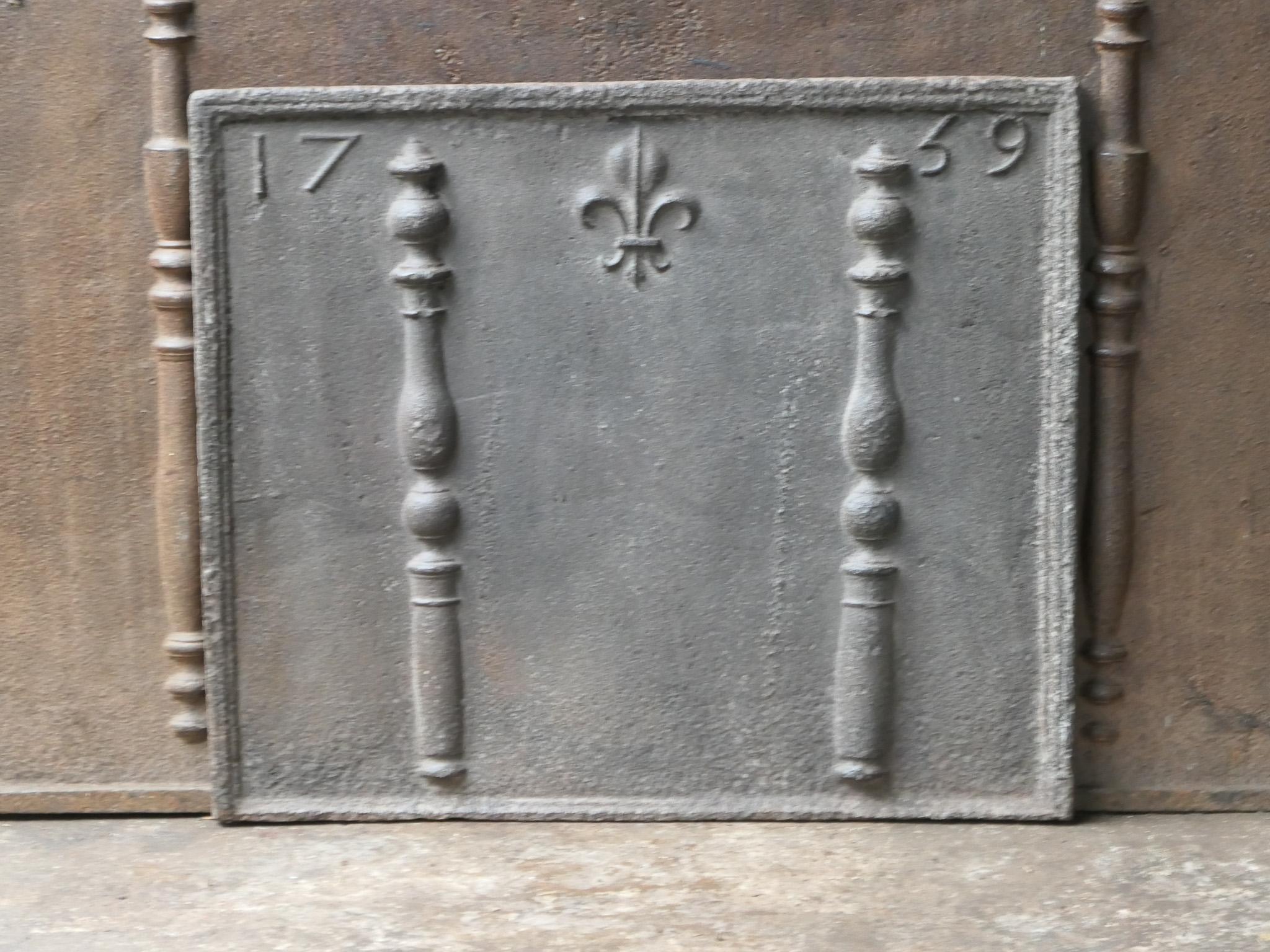 18th Century and Earlier 18th C. French Louis XV Fireback / Backsplash with Pillars and Fleur De Lys For Sale