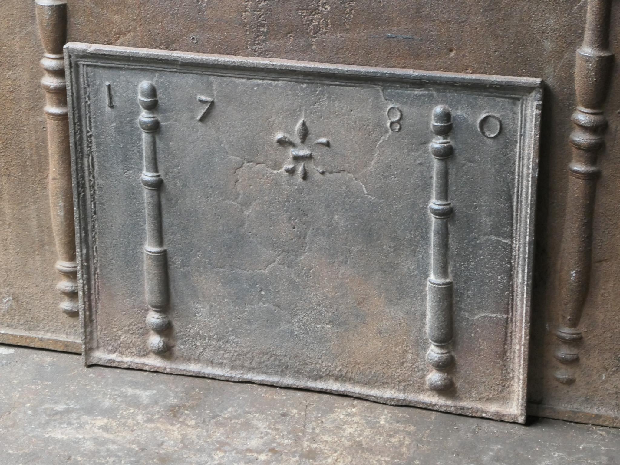 18th Century and Earlier 18th Century French Louis XV Fireback / Backsplash with Pillars and Fleur De Lys For Sale