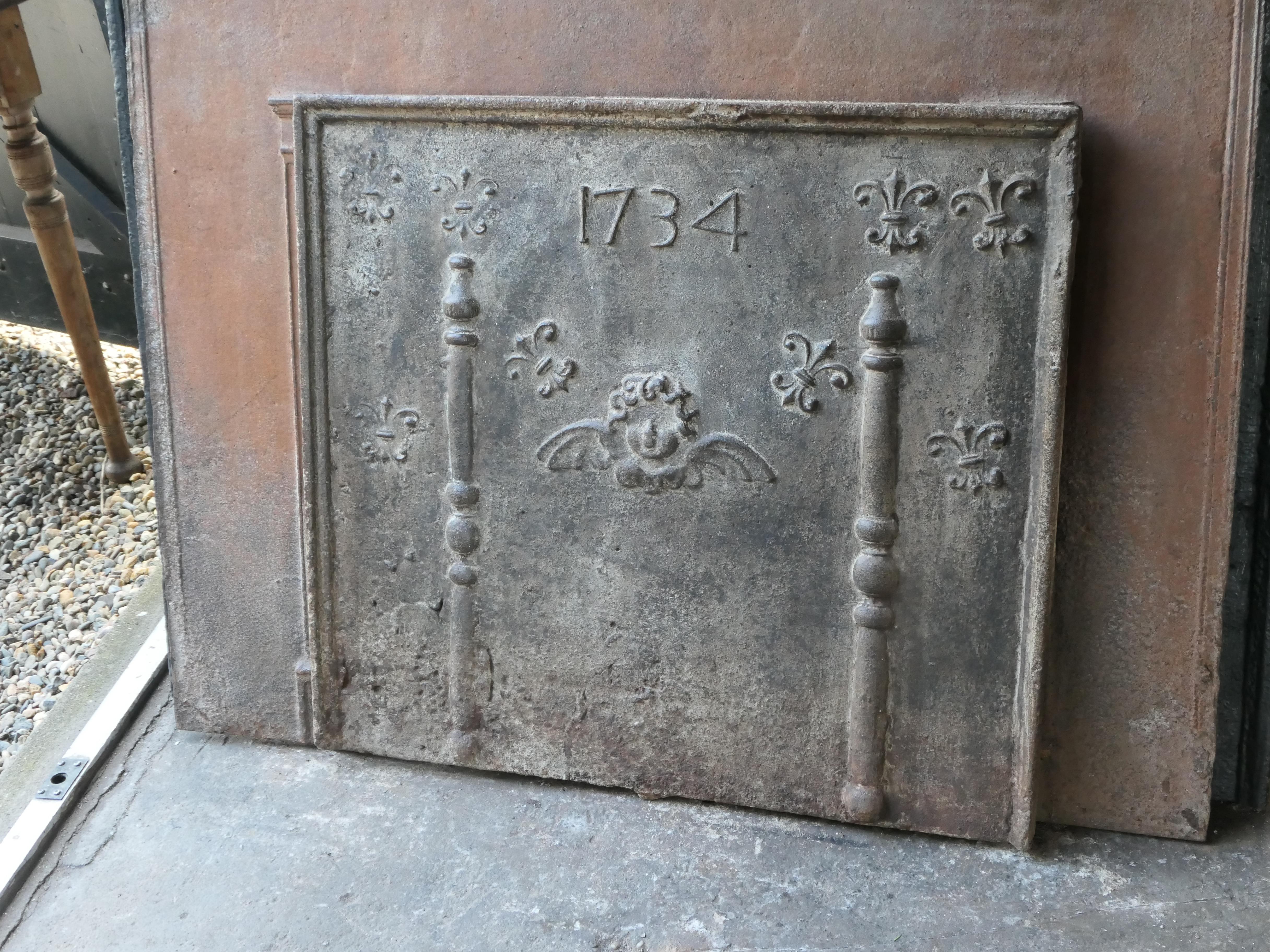 18th Century and Earlier 18th Century French Louis XV Fireback with Pillars and Fleurs De Lys