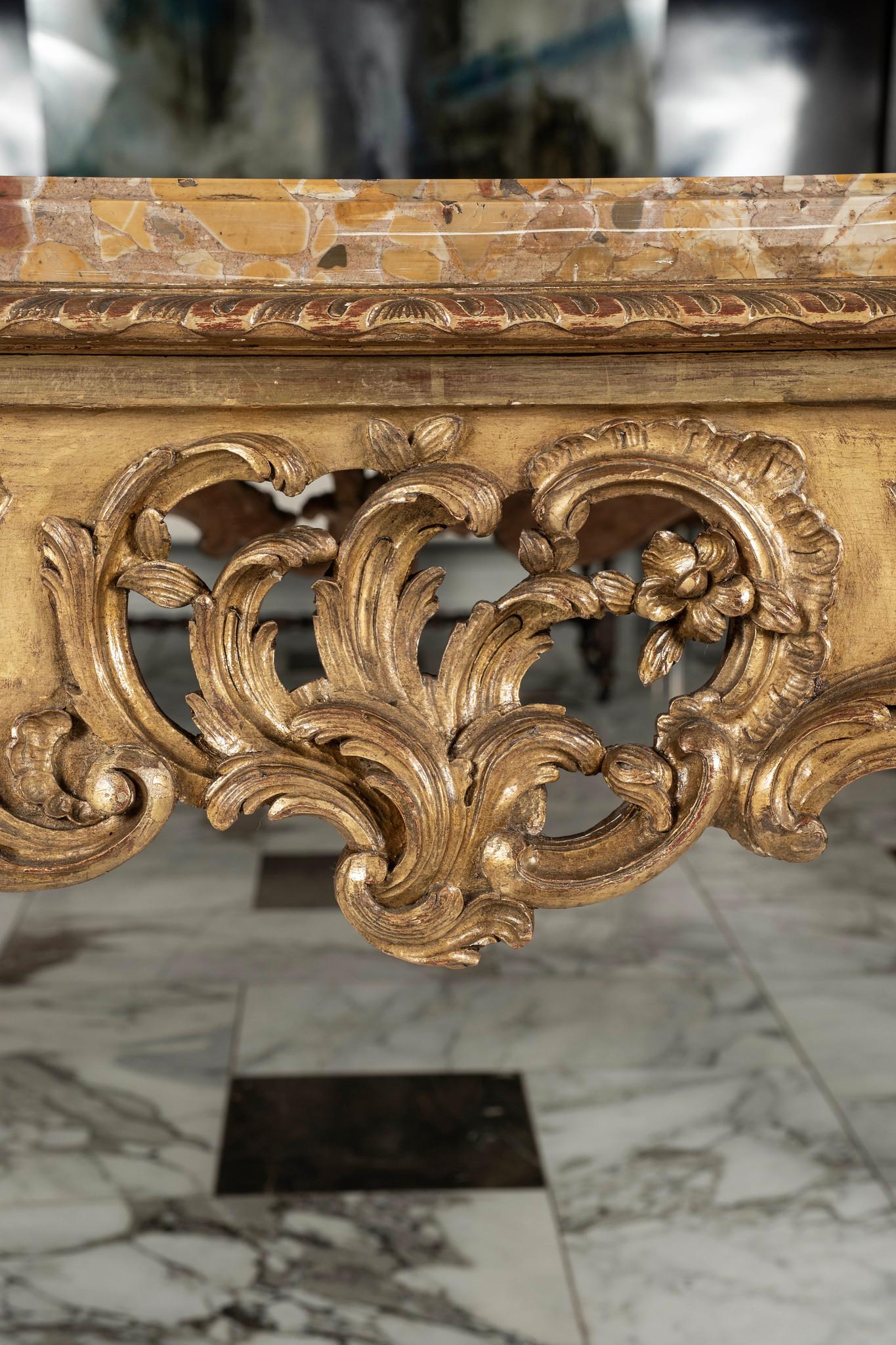 18th Century and Earlier 18th Century French Louis XV Giltwood Marble Top Table For Sale
