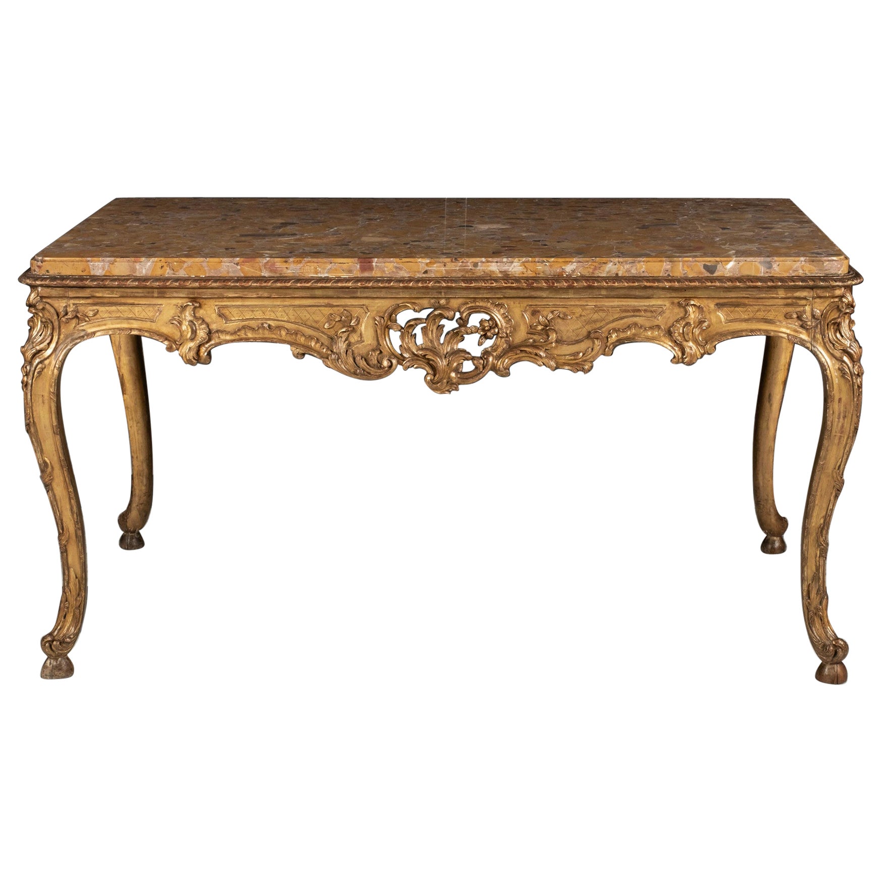 Tavolo francese Luigi XV del XVIII secolo con piano in marmo e legno dorato