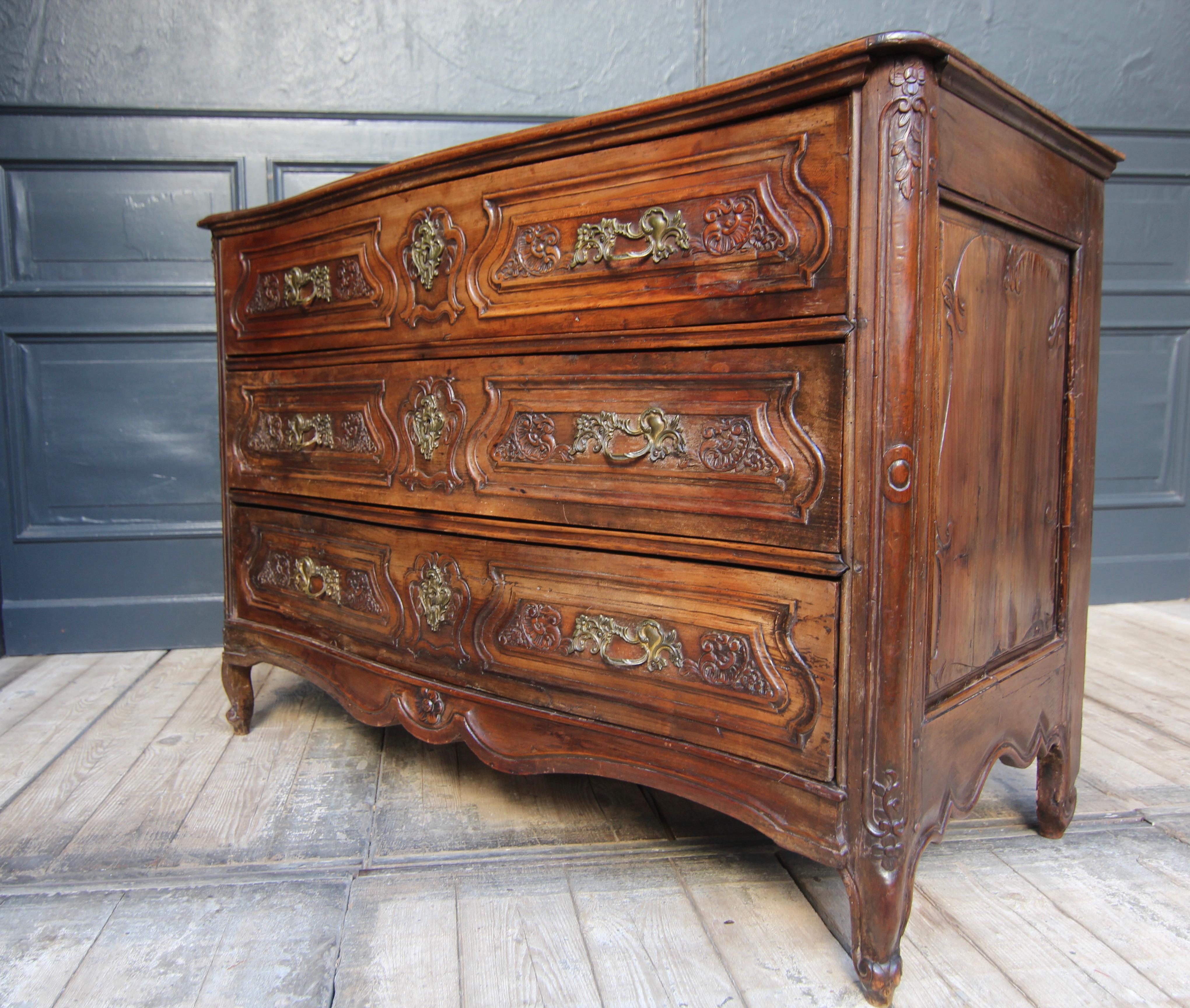 18th Century French Louis XV Hand Carved Cherrywood Serpentine Chest of Drawers 12