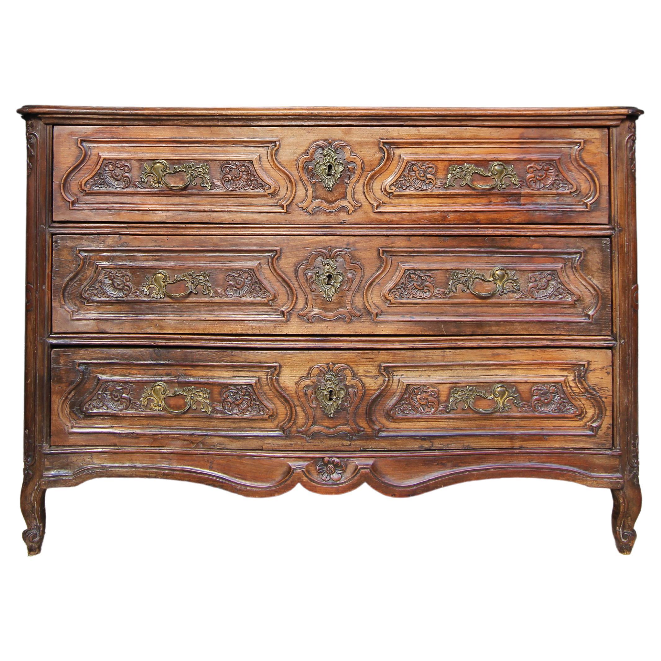 18th Century French Louis XV Hand Carved Cherrywood Serpentine Chest of Drawers