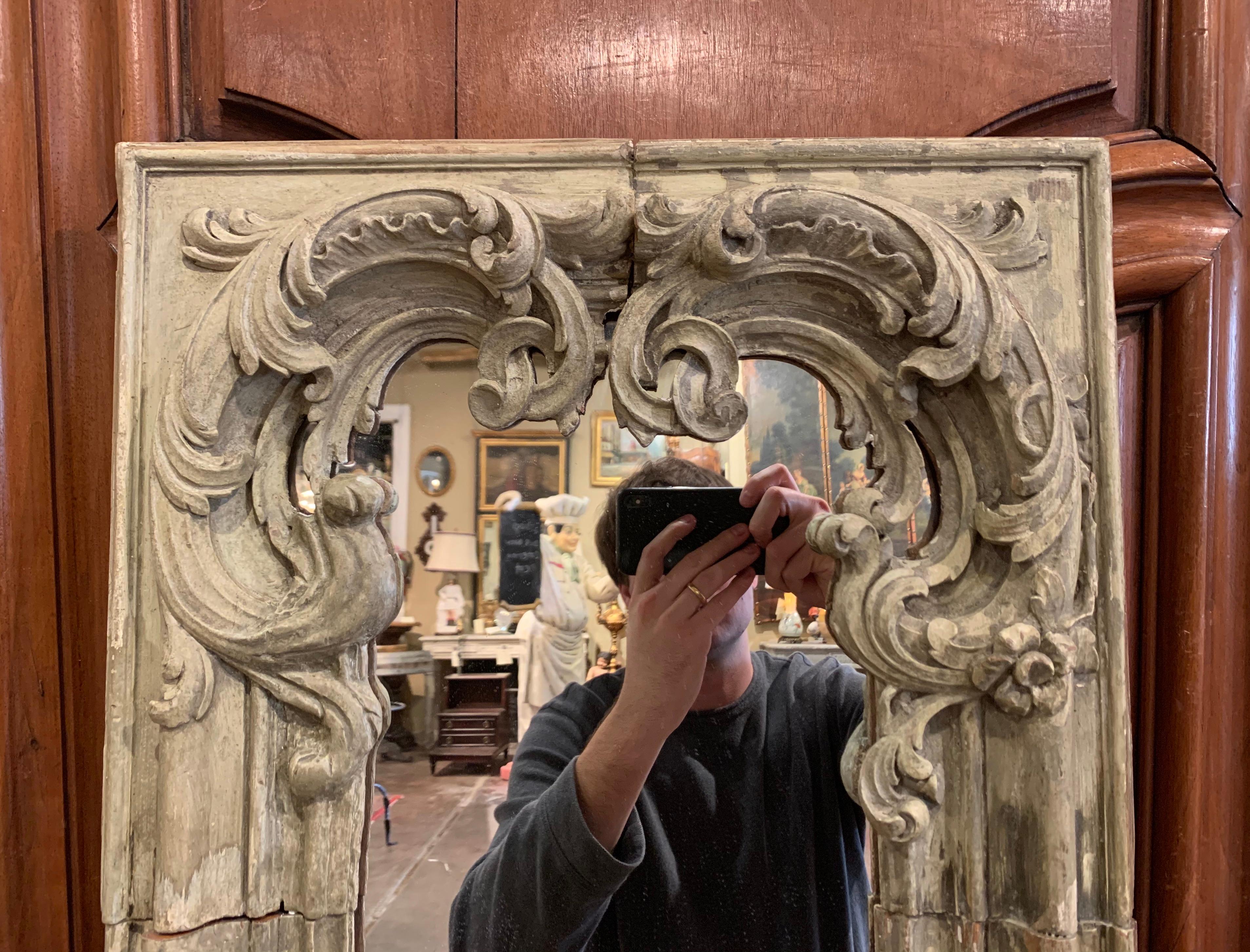 18th Century French Louis XV Hand Carved Painted Oak Wall Mirror 1