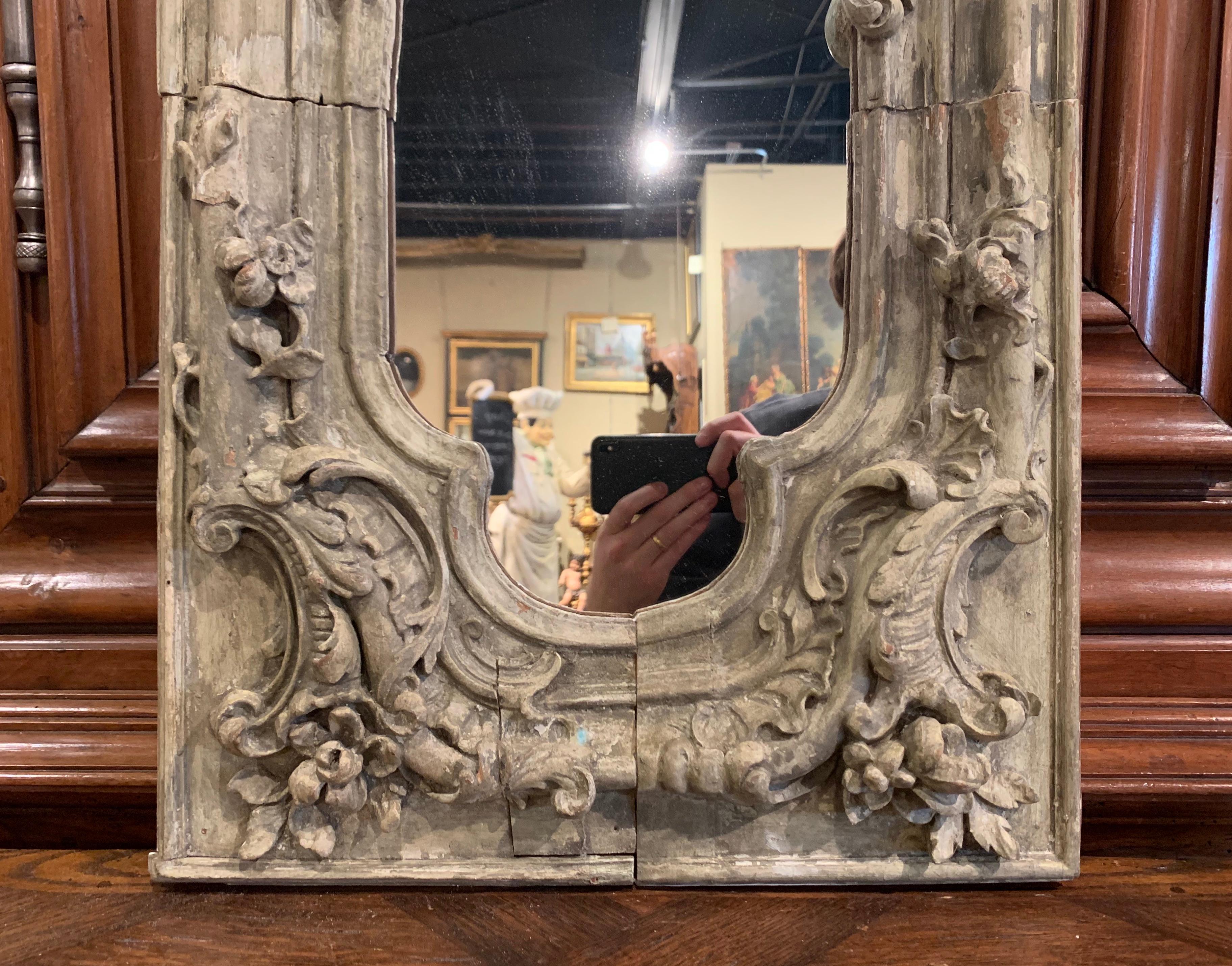 18th Century French Louis XV Hand Carved Painted Oak Wall Mirror 2