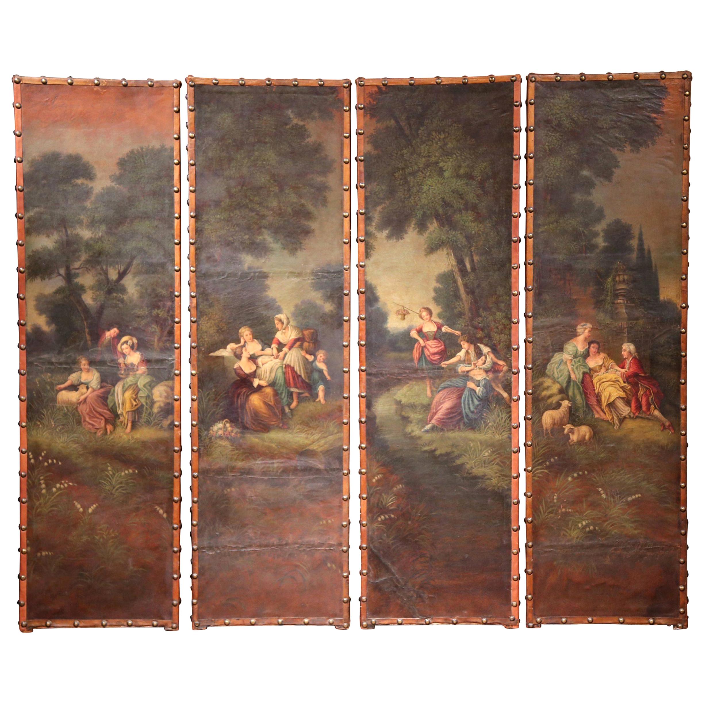 18th Century, French Louis XV Hand Painted Four-Panel Leather Wall Screen