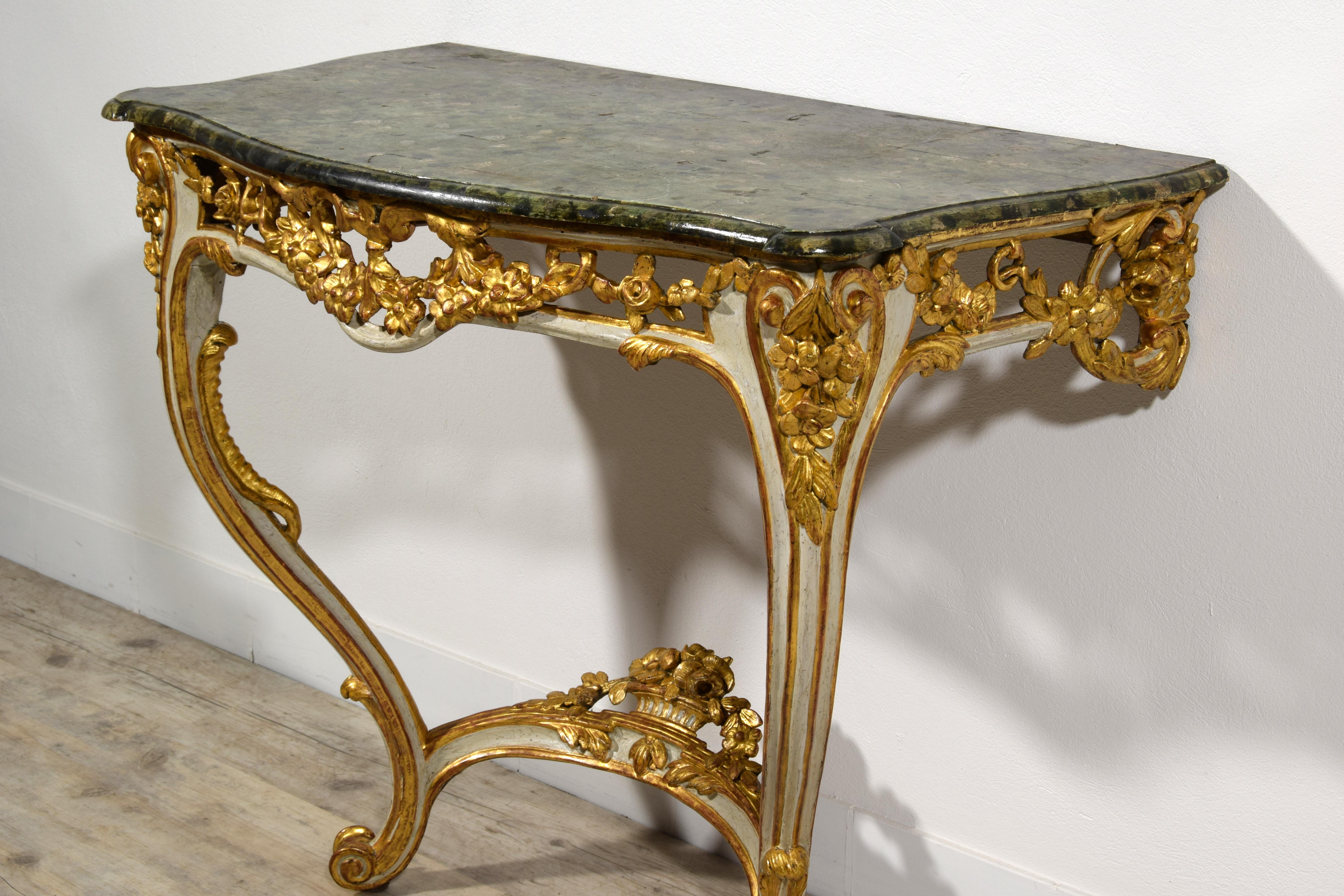 18th Century, French Louis XV Lacquered and Gilt Wood Console For Sale 9