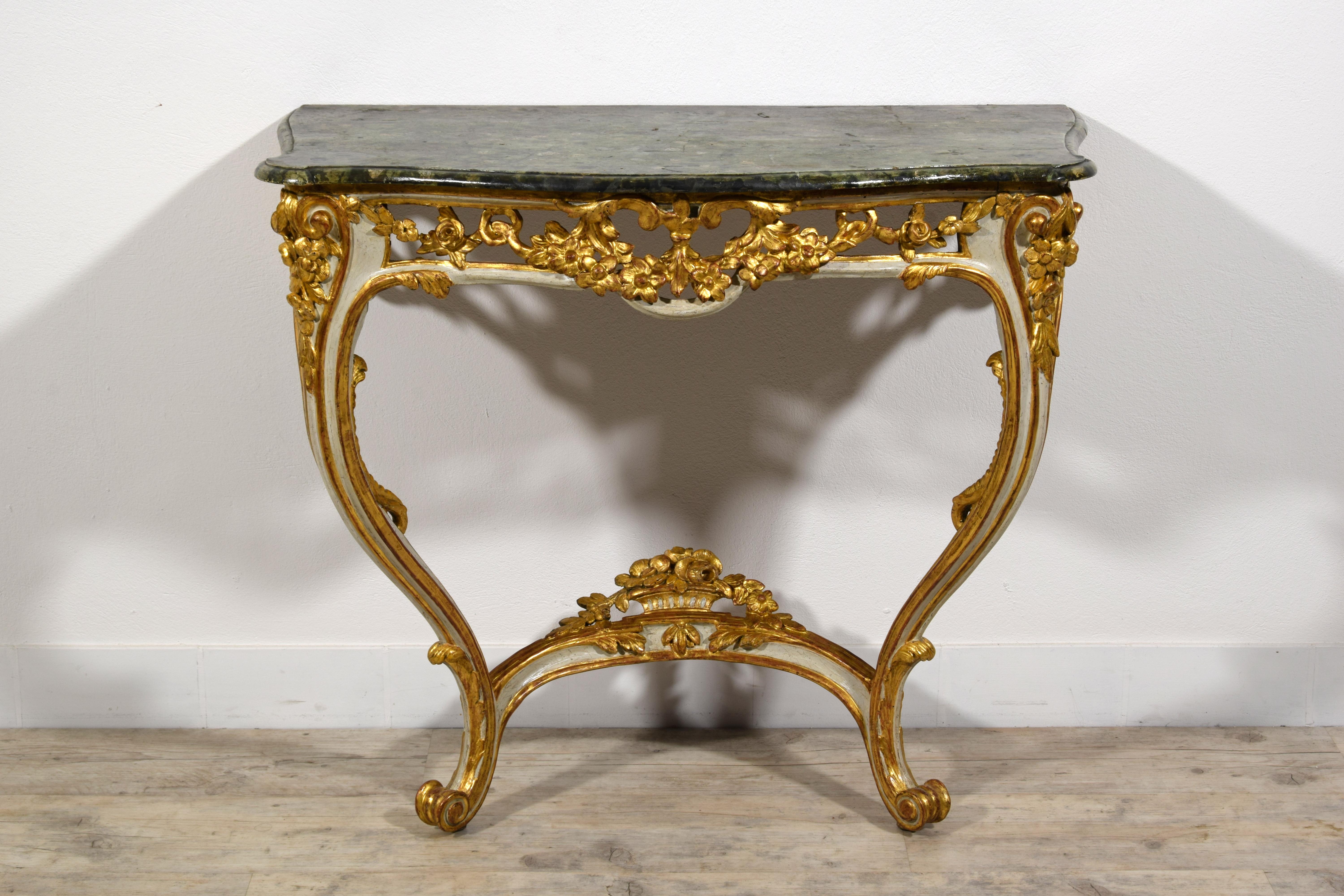 Hand-Carved 18th Century, French Louis XV Lacquered and Gilt Wood Console For Sale