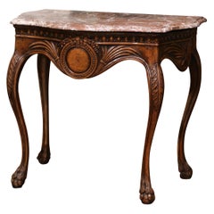 18th Century French Louis XV Marble Top Carved Bombe Walnut Console Table