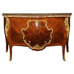 18th Century French Louis XV Marble Top Inlaid Commode with Bronze Ormolu Mounts