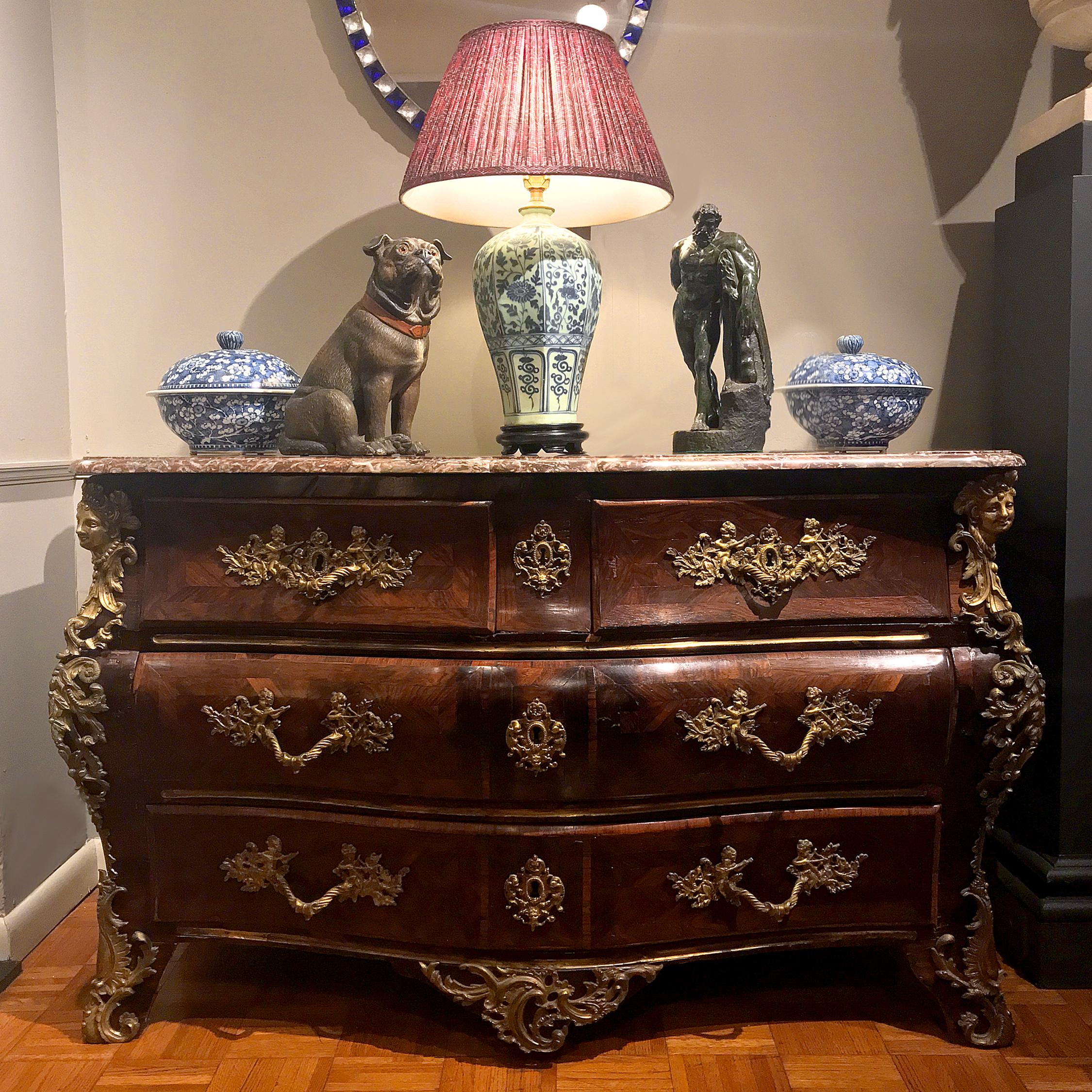 Carved 18th Century French Louis XV Marquetry Bombe Commode Signed by Louis Delaitre