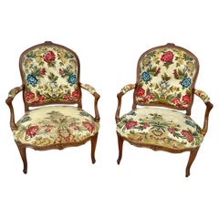18th Century French Louis XV Needlepoint Fauteuil Armchairs - A Pair
