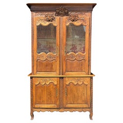 18th Century French Louis XV Oak Masonic Buffet Deux Corps Vitrine Cabinet