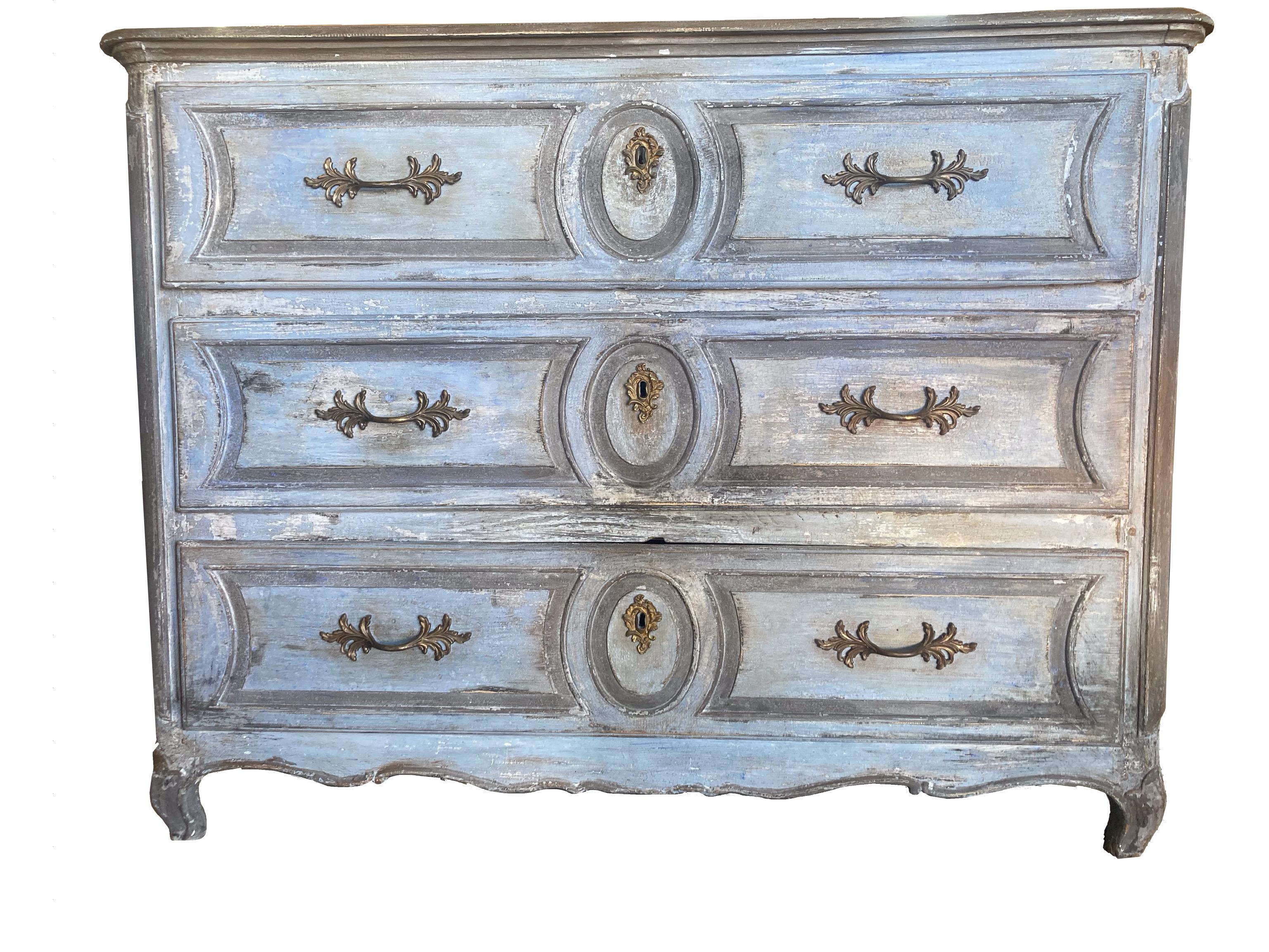 Hand-Carved 18th Century French Louis XV Painted Blue Commode, Chest