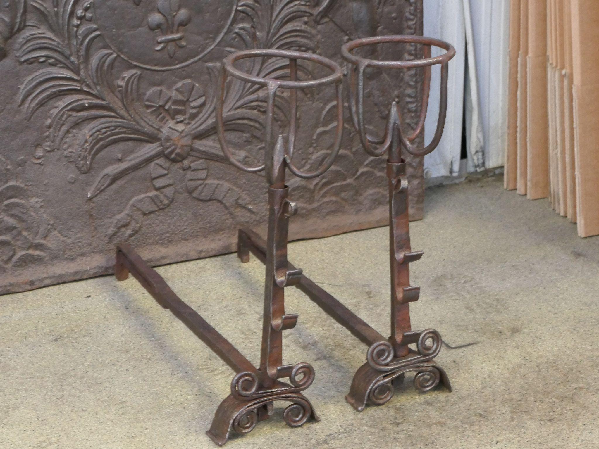 Forged 18th Century French Louis XV Period Andirons or Firedogs For Sale