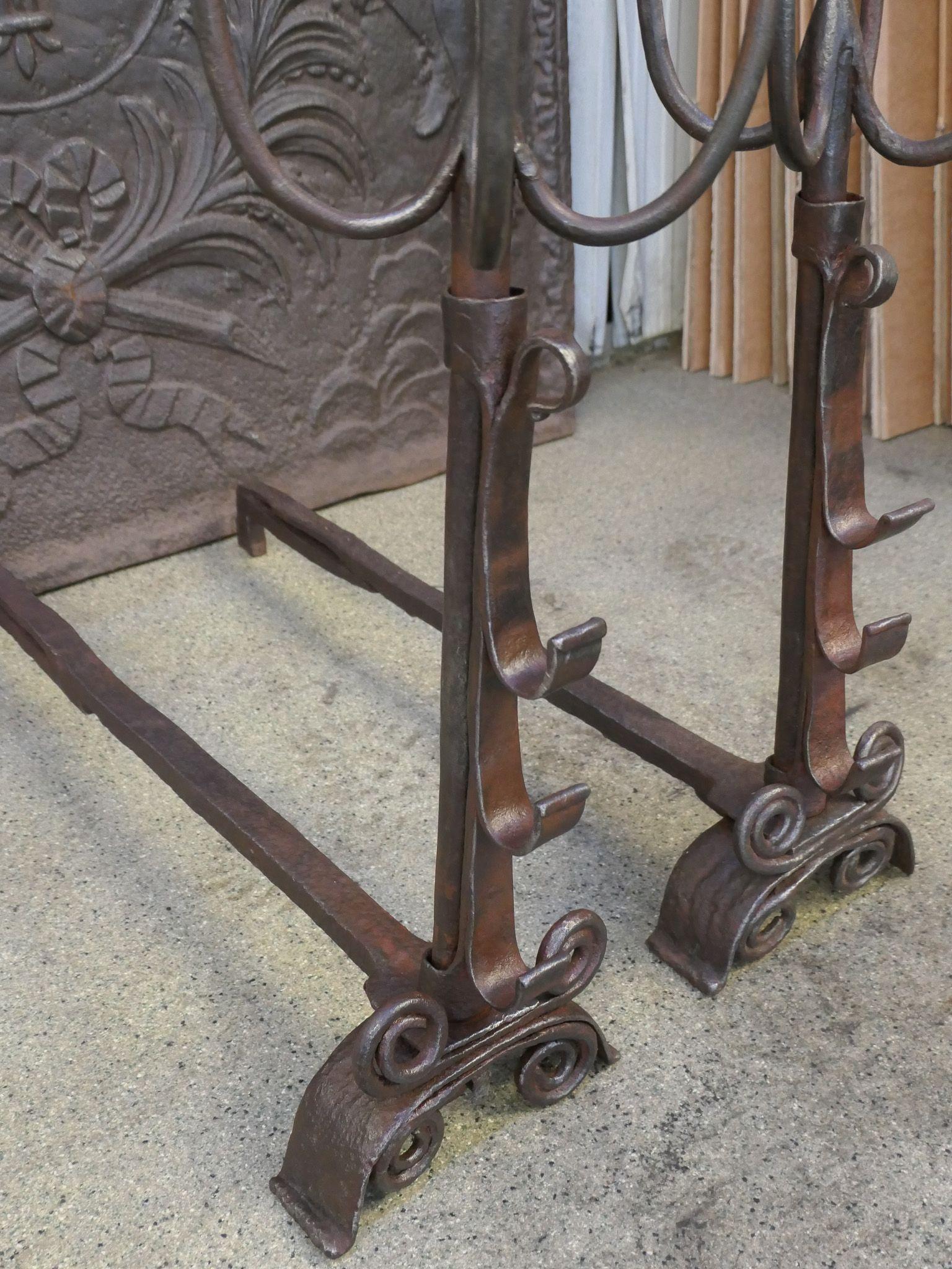 Wrought Iron 18th Century French Louis XV Period Andirons or Firedogs For Sale