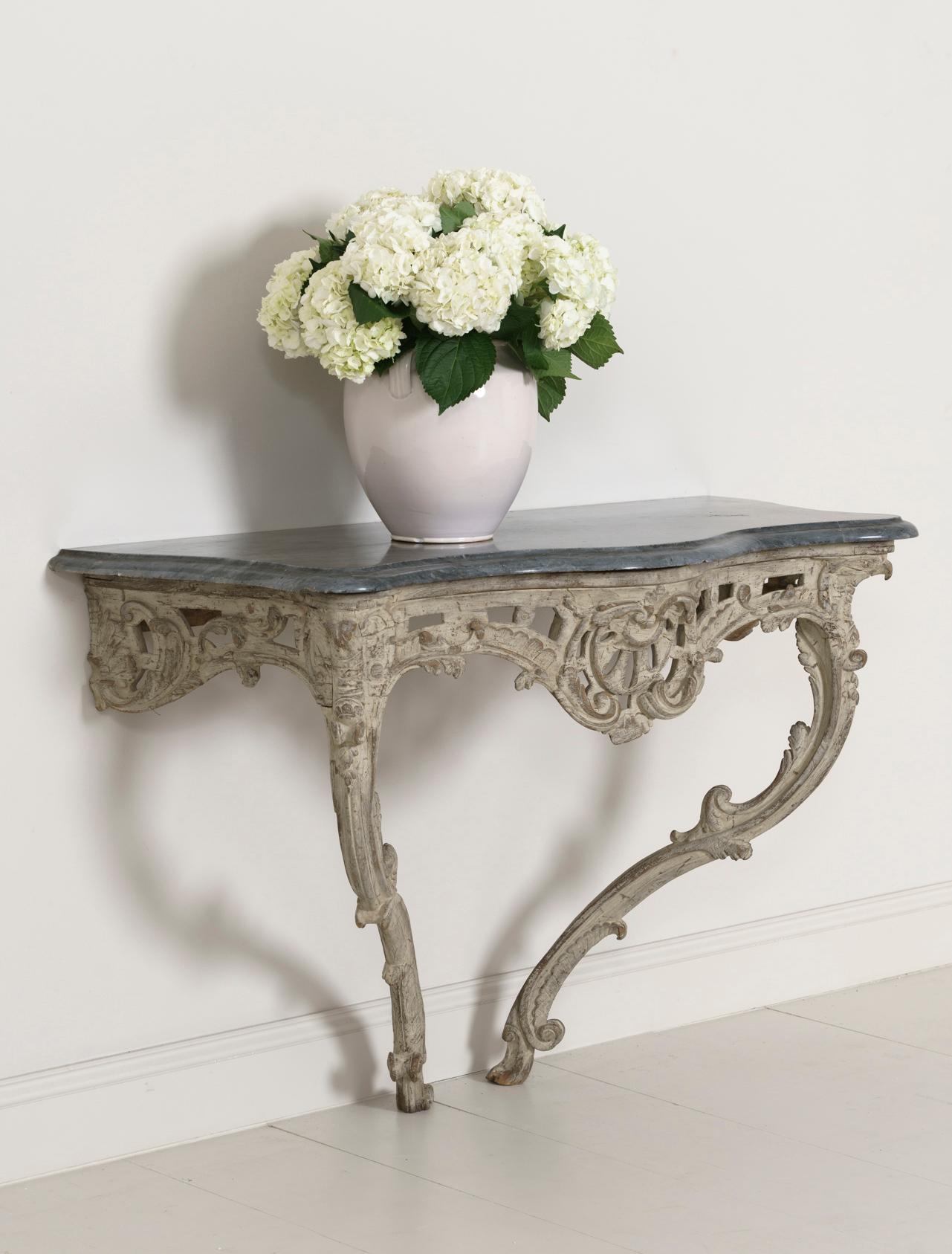 Hand-Crafted 18th Century French Louis XV Period Console Table with Blue Turquin Marble Top