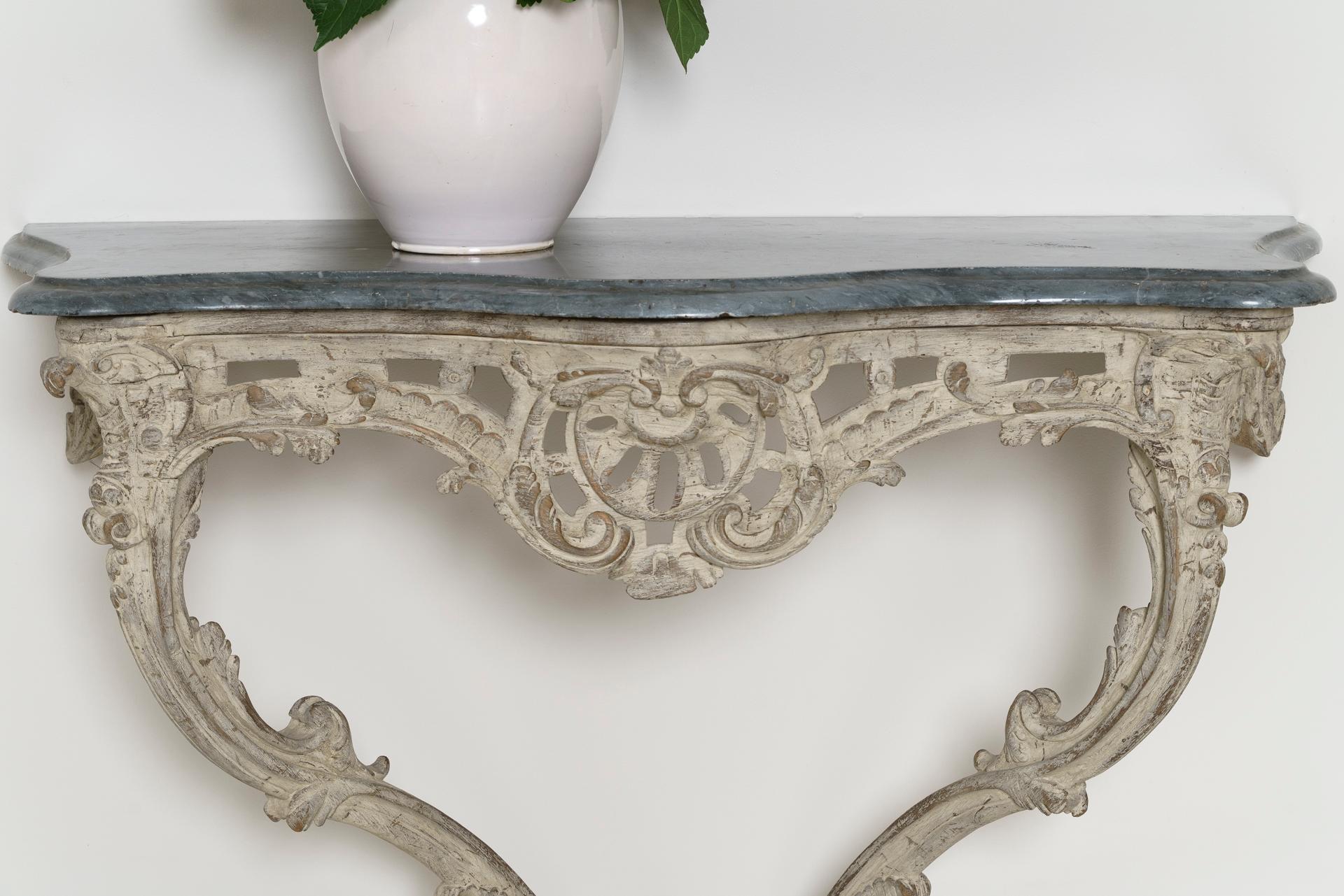 18th Century French Louis XV Period Console Table with Blue Turquin Marble Top In Excellent Condition In Wichita, KS