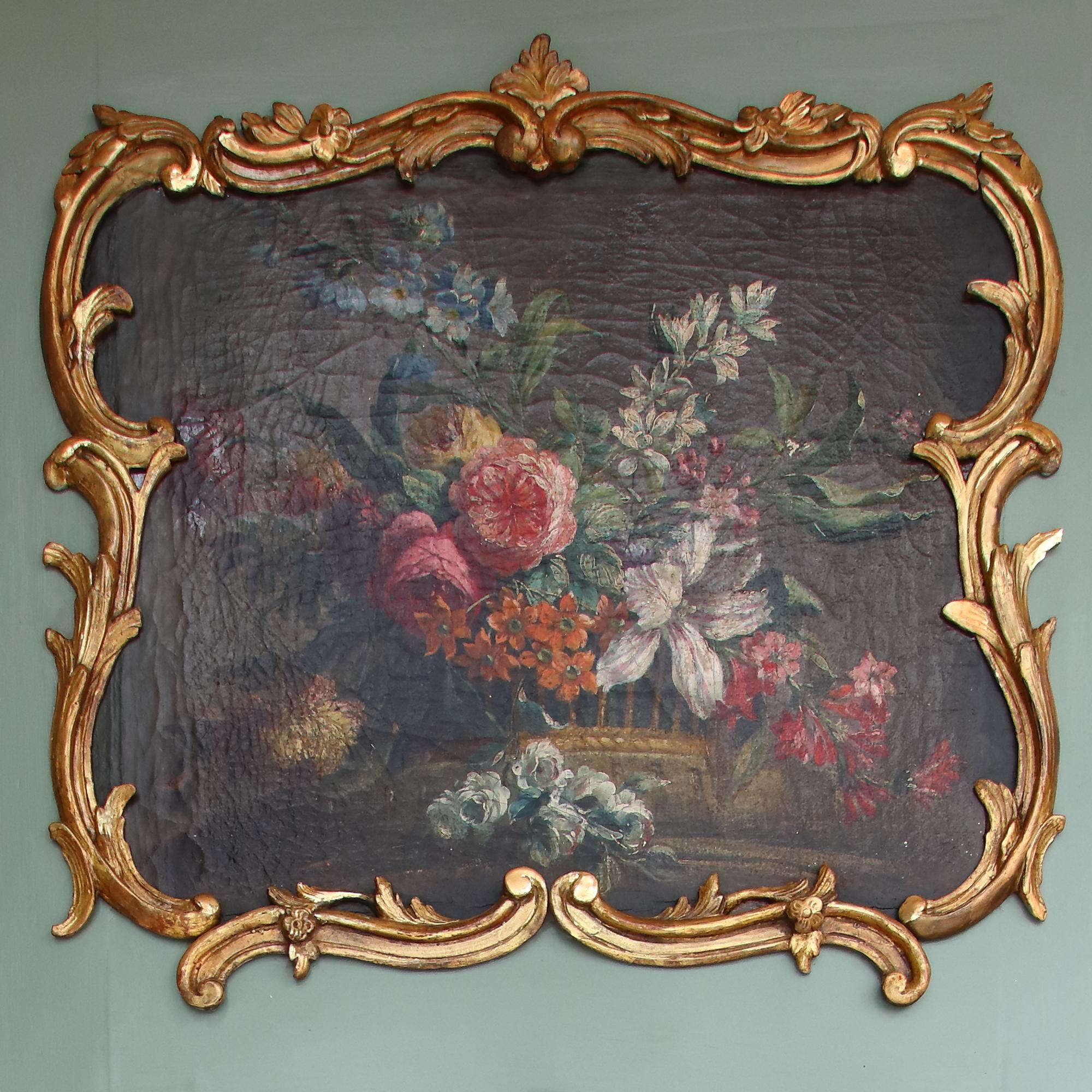 18th Century French Louis XV period flower still life trumeau wall mirror

Of rectangular shape, the lower part of the French Green painted trumeau holding the mirror plate (26.378 in./67 cm x 25 in. /63,5 cm) within a rectangular giltwood frame