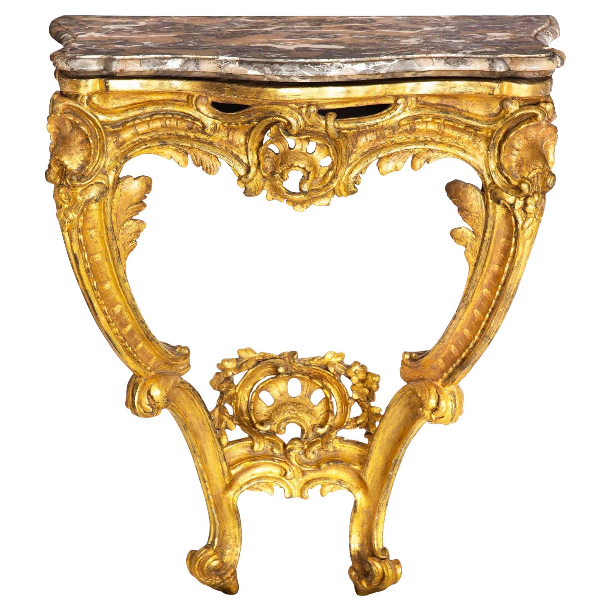 Table d'appoint à console en bois doré et marbre d'époque Louis XV (18e siècle)