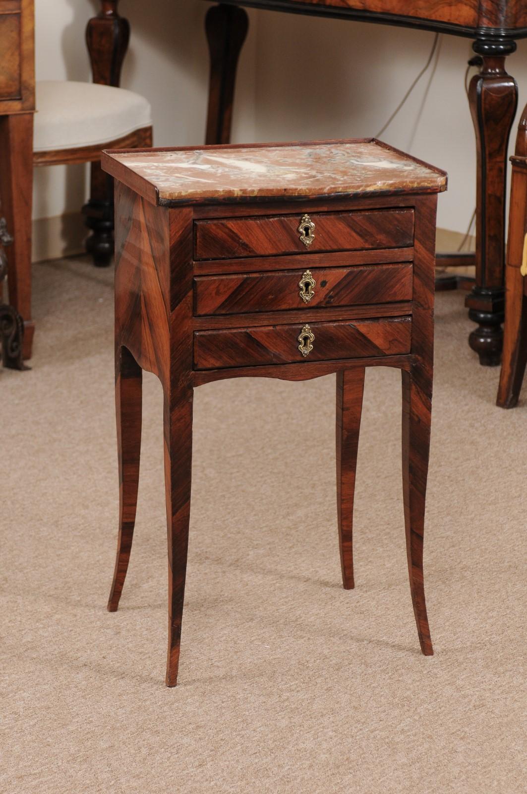 18th century French Louis XV period tulipwood chevet with 3 drawers & inset marble top.